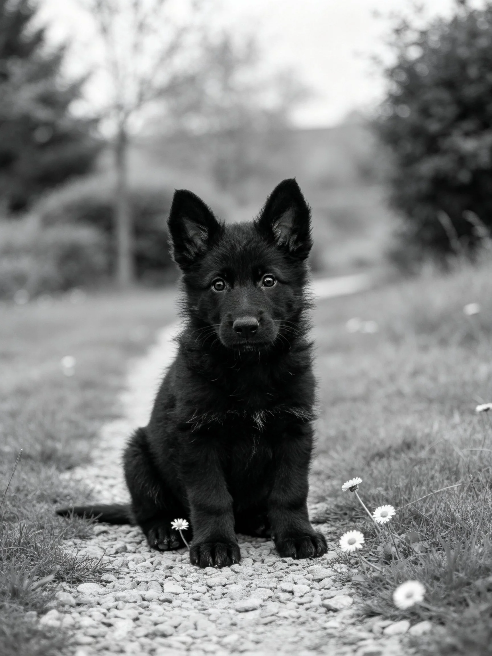 A black puppy sits on a gravel path near small flowers