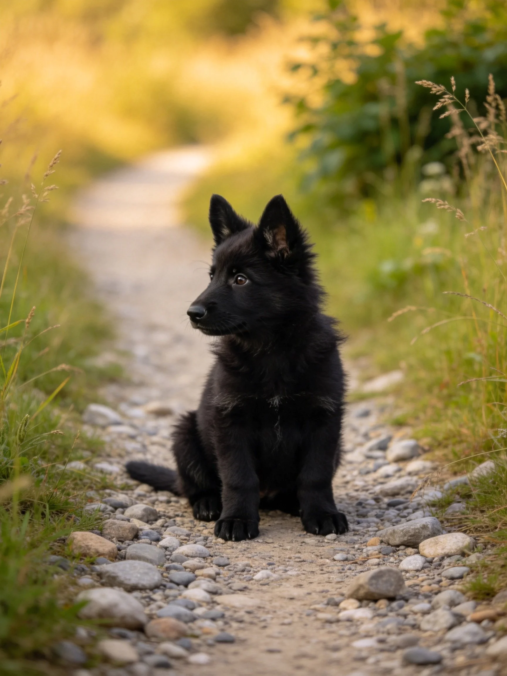 A black puppy sits on a gravel path surrounded by greenery