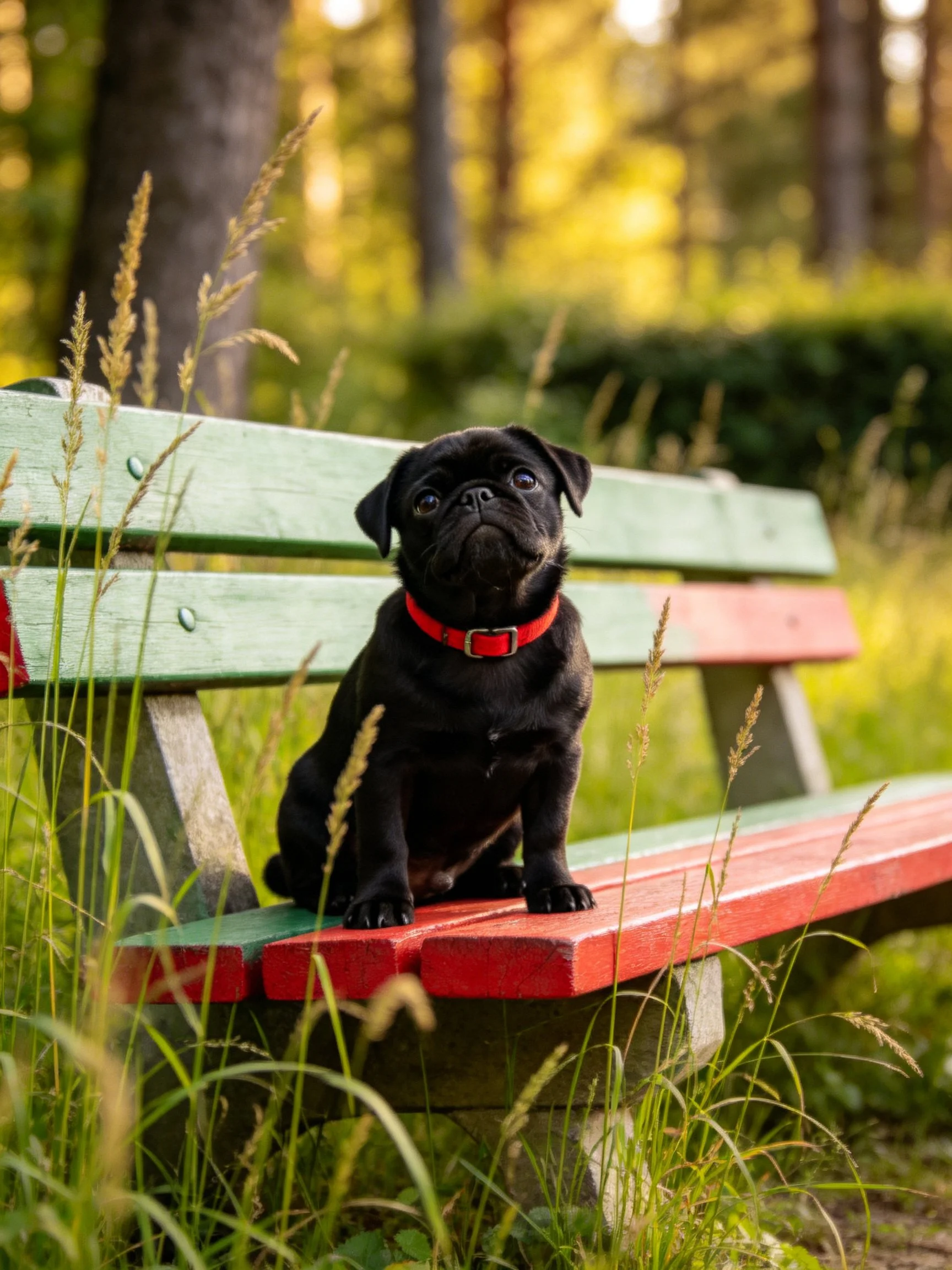 A black puppy sits on a green-red bench amid tall grass