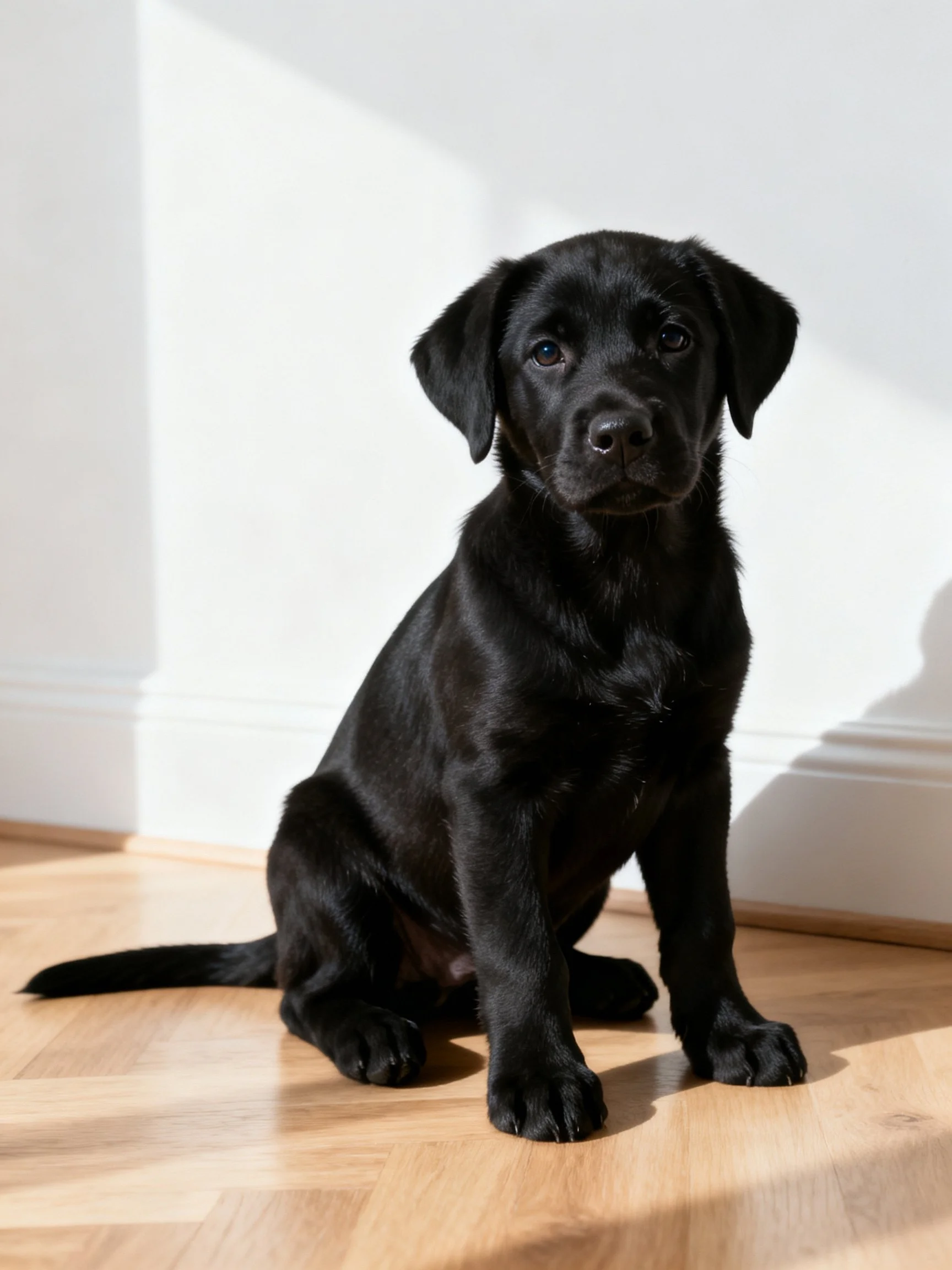 A black puppy sits on a polished wooden floor near a white wall