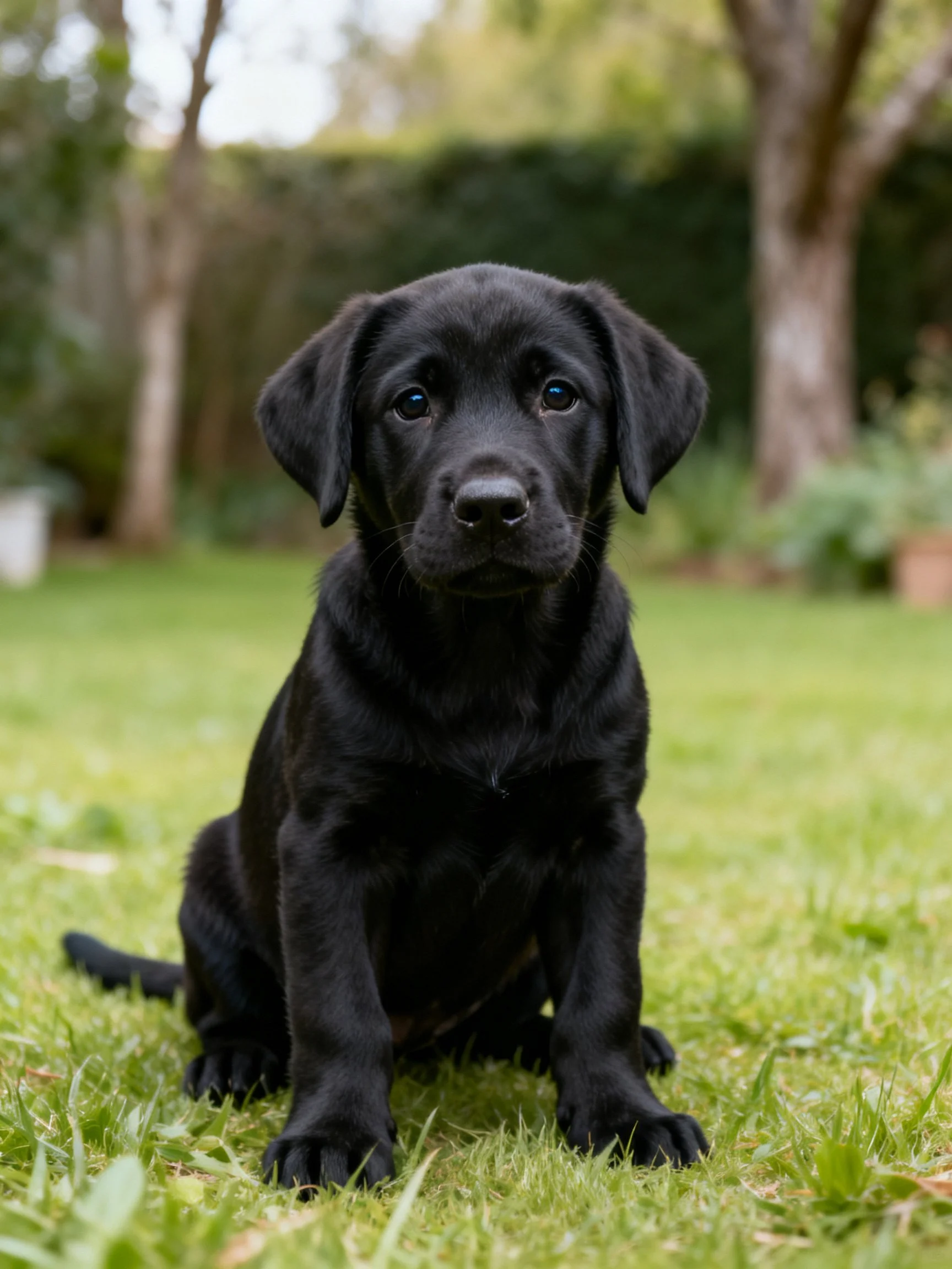 A black puppy sits quietly on green grass in a garden setting.