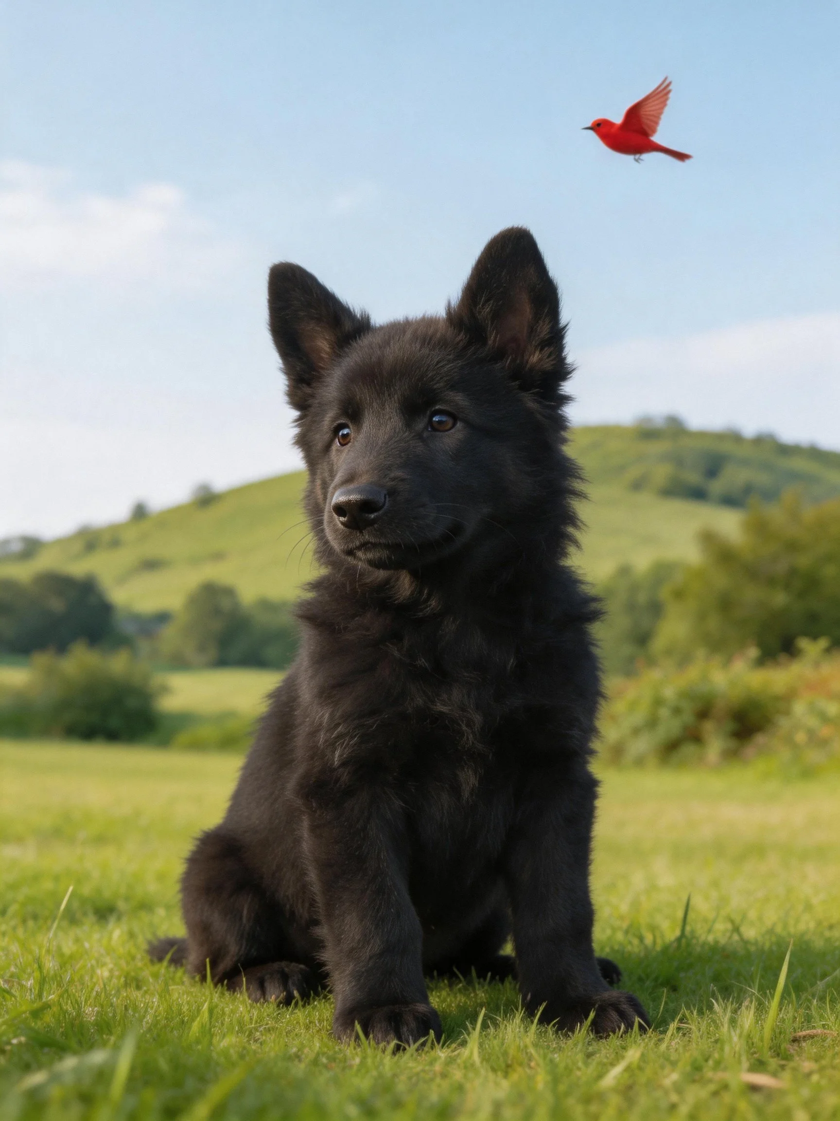 A black puppy sits on grass while a bright red bird flies overhead.