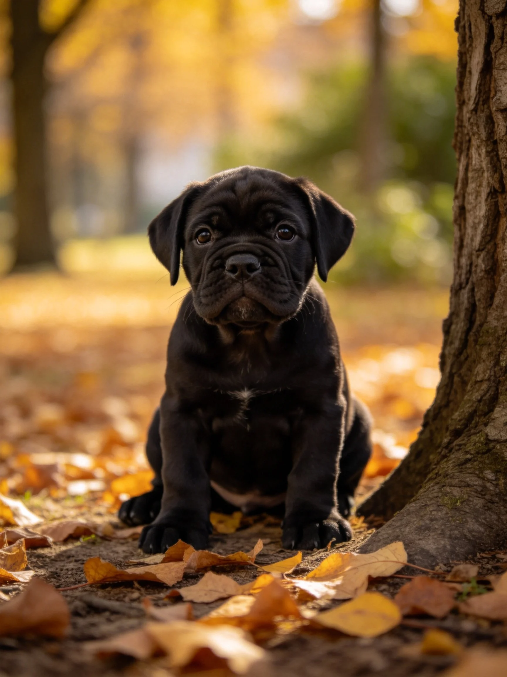 A black puppy sits calmly amid fallen autumn leaves next to a tree trunk.