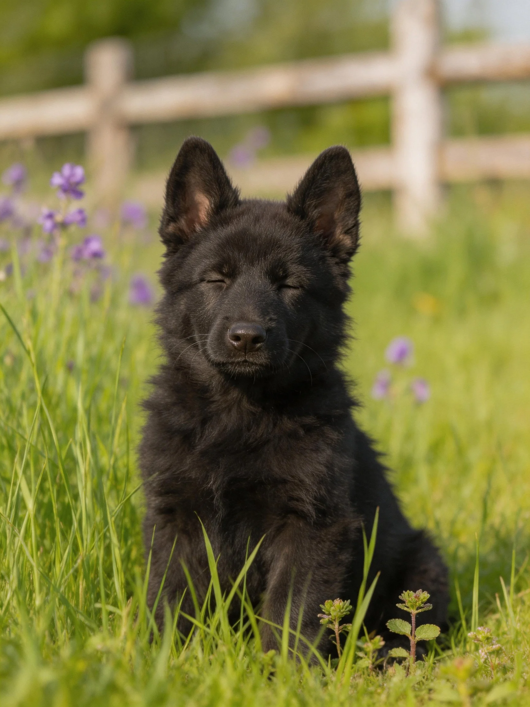 A black puppy sitting in a grassy field with purple flowers