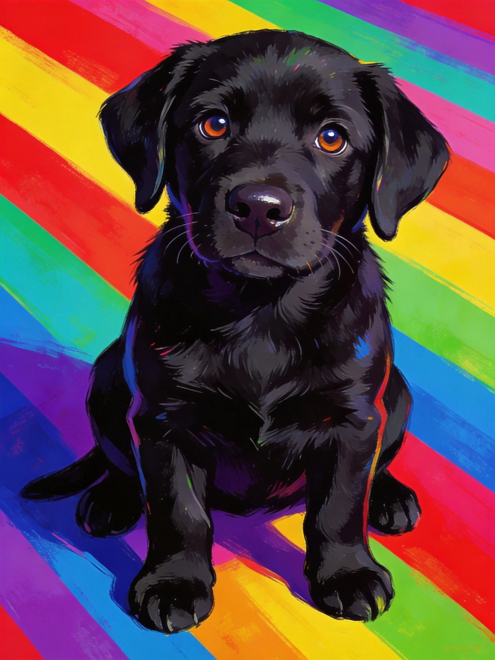 A black puppy sits against a bright, multicolored striped backdrop.