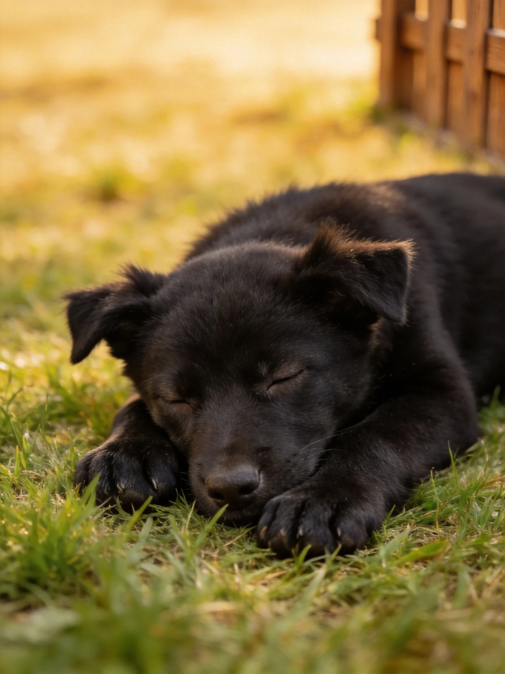 A black puppy sleeps on grass near a wooden structure.