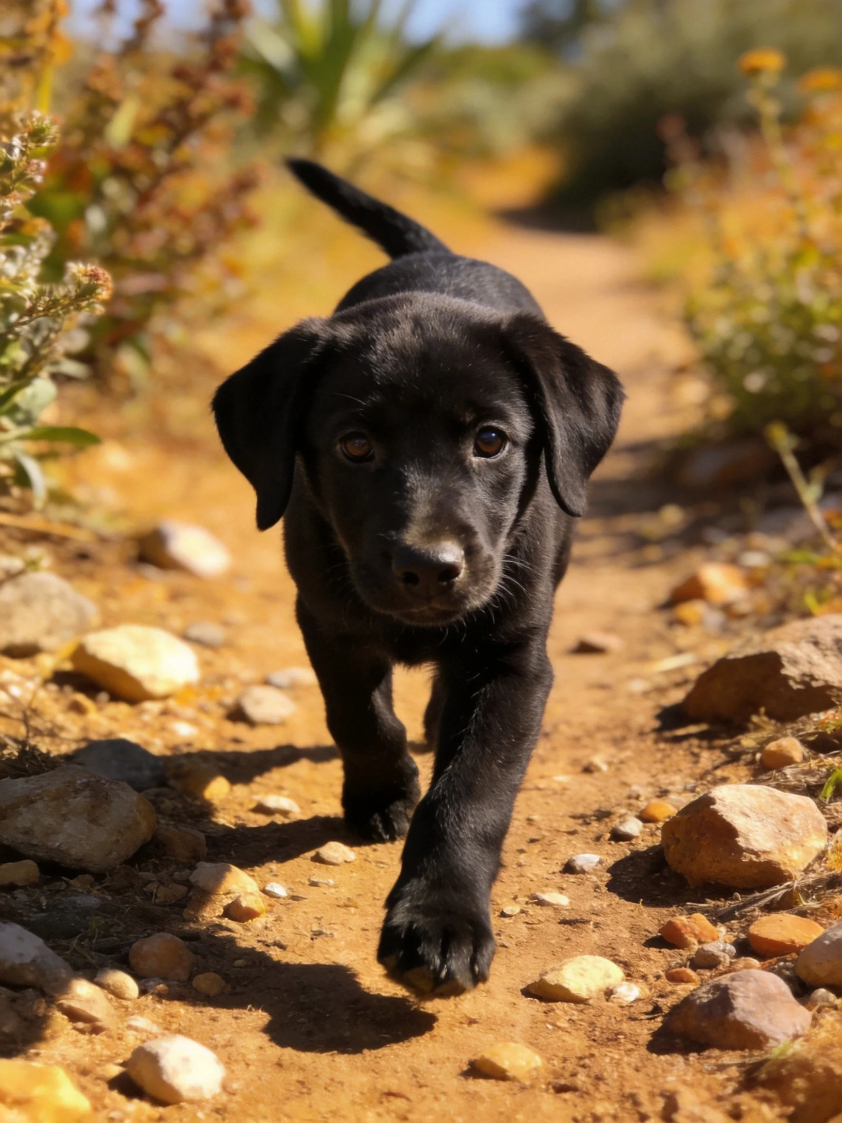 A black puppy approaches the viewer on a rocky dirt trail in a sunlit outdoor area.