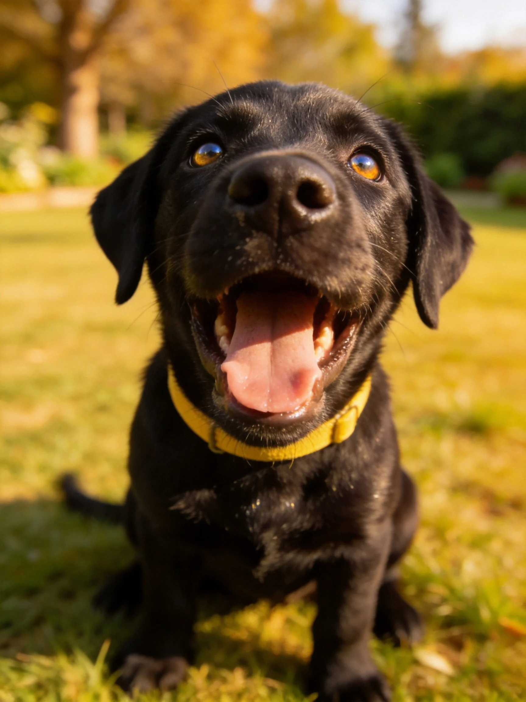 A black puppy wearing a yellow collar sits on grass