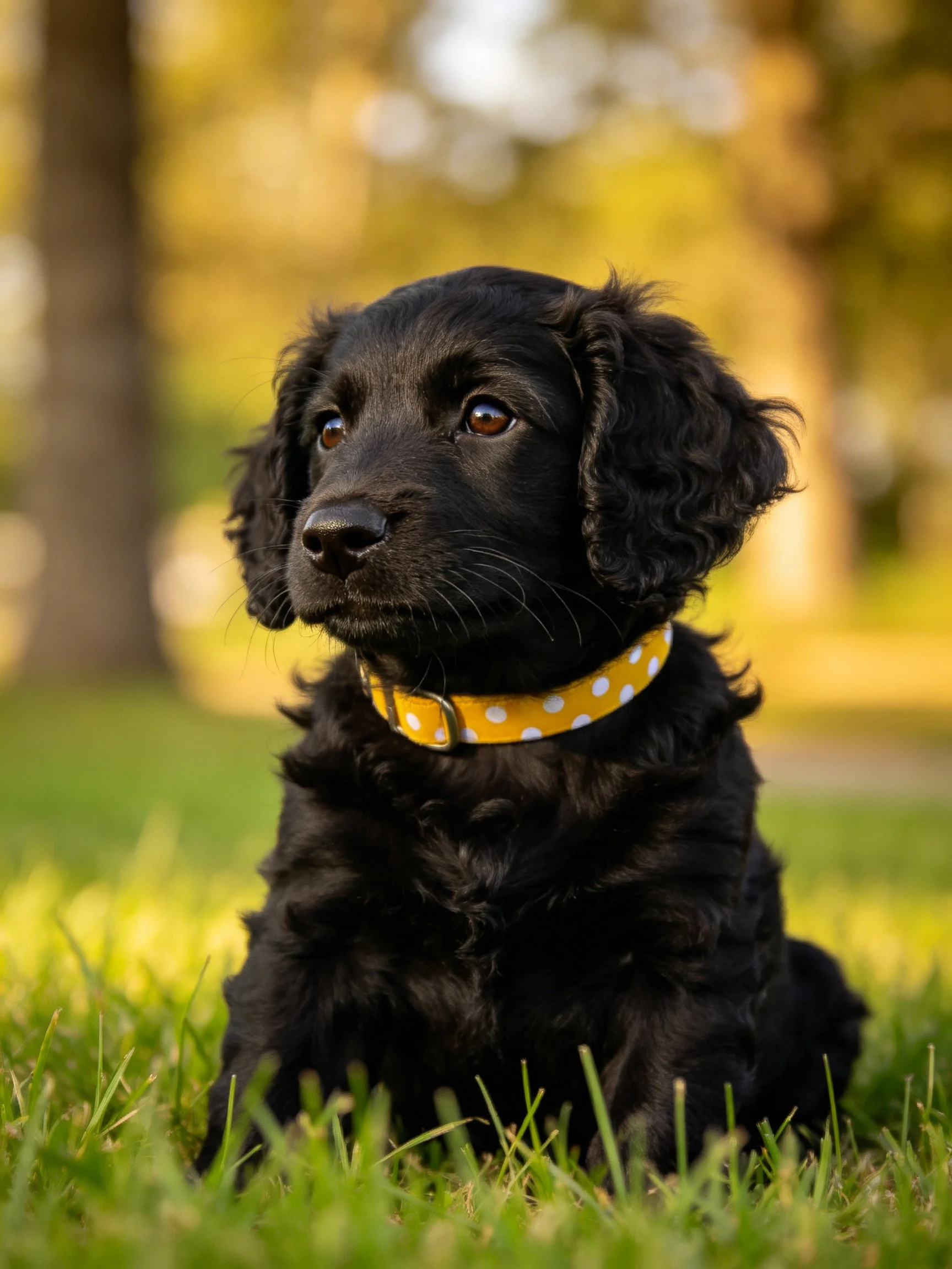 A black puppy wearing a yellow polka dot collar sits on grass