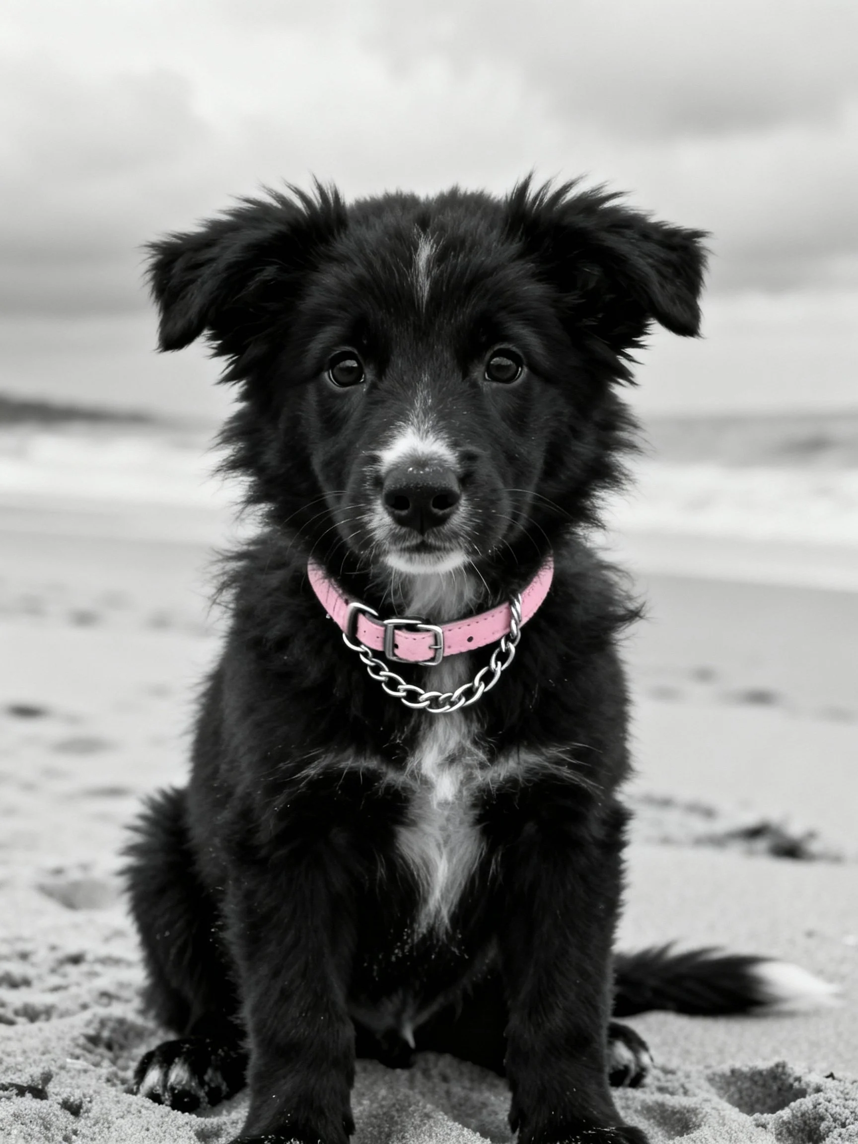 A black puppy with a pink collar sitting on sandy beach sand