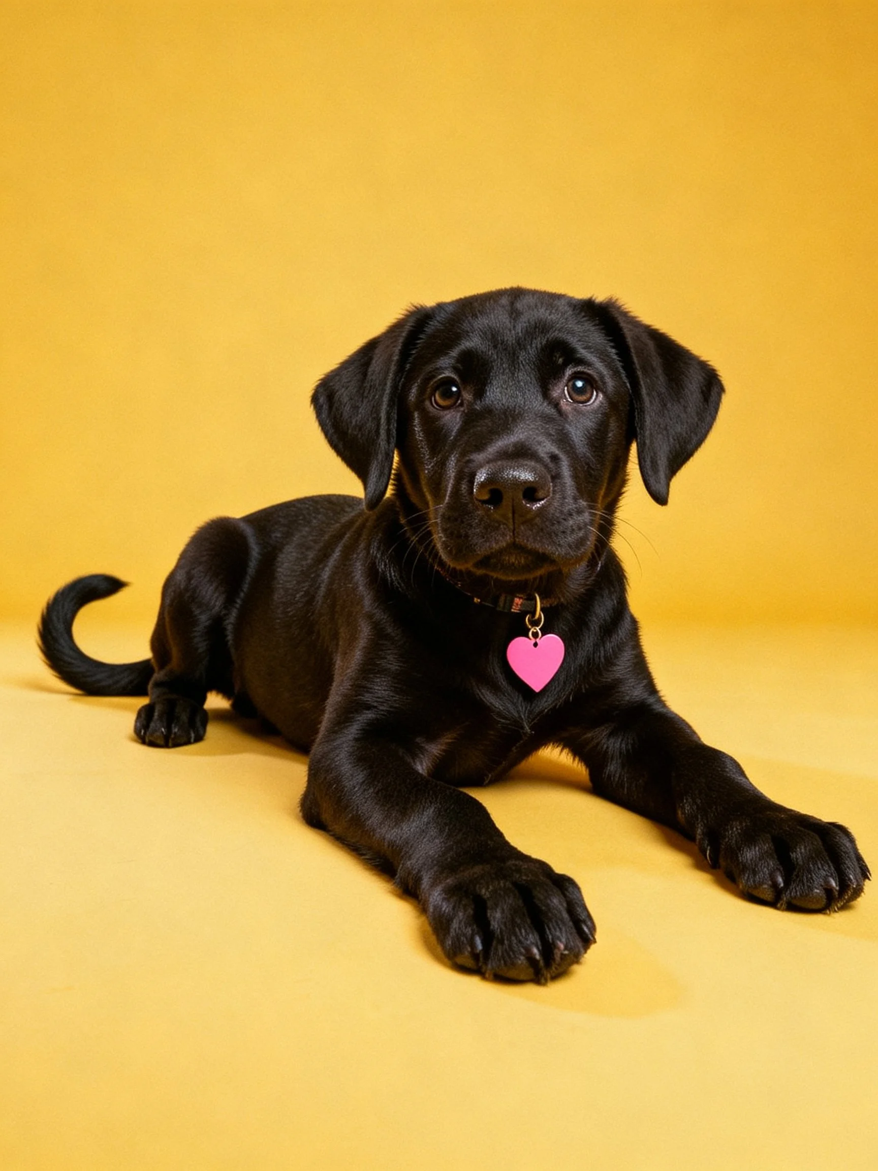 A black puppy with a pink heart tag lies on a yellow surface