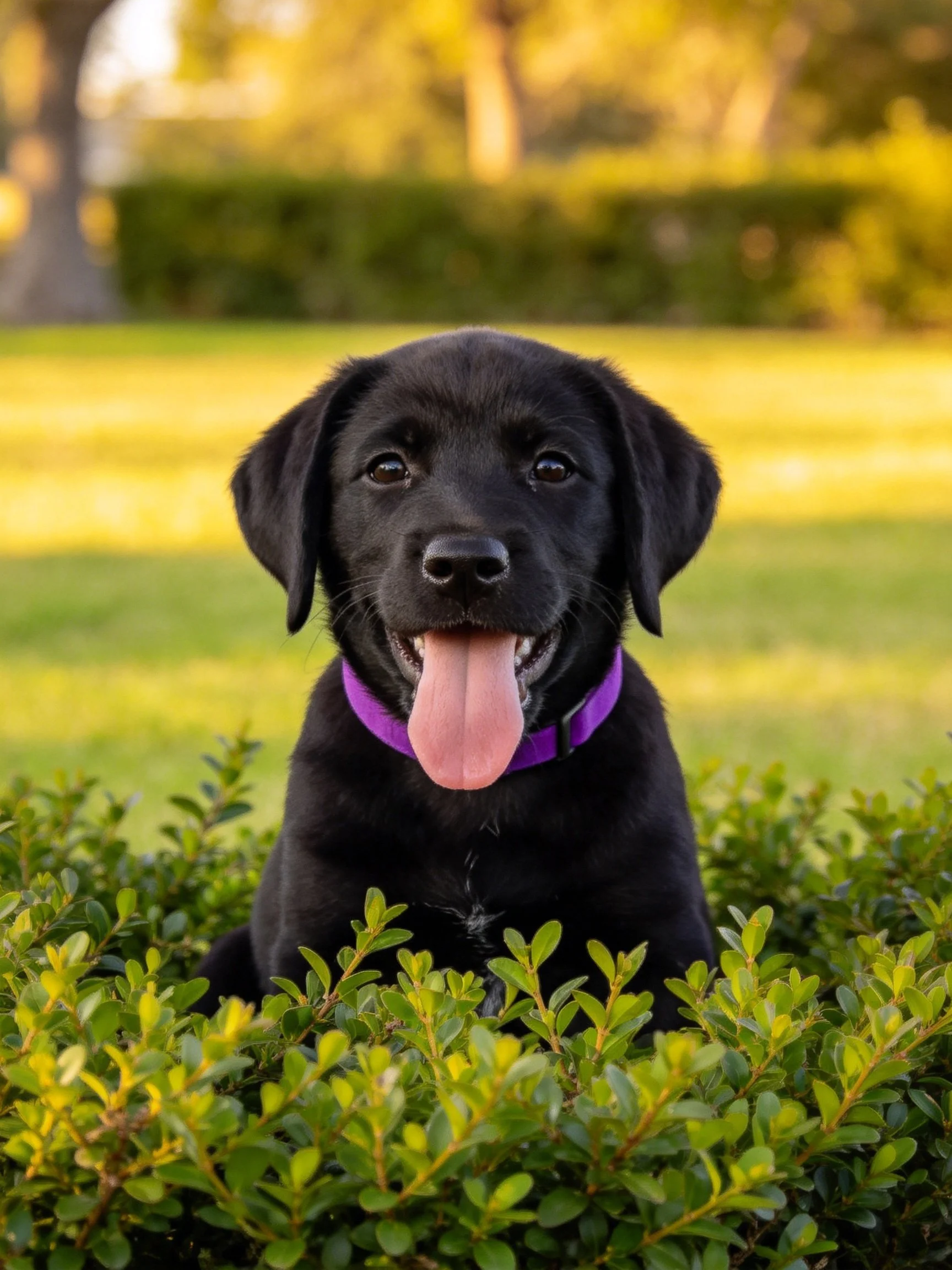 A black puppy with a purple collar relaxes amid greenery in a sunlit outdoor setting.