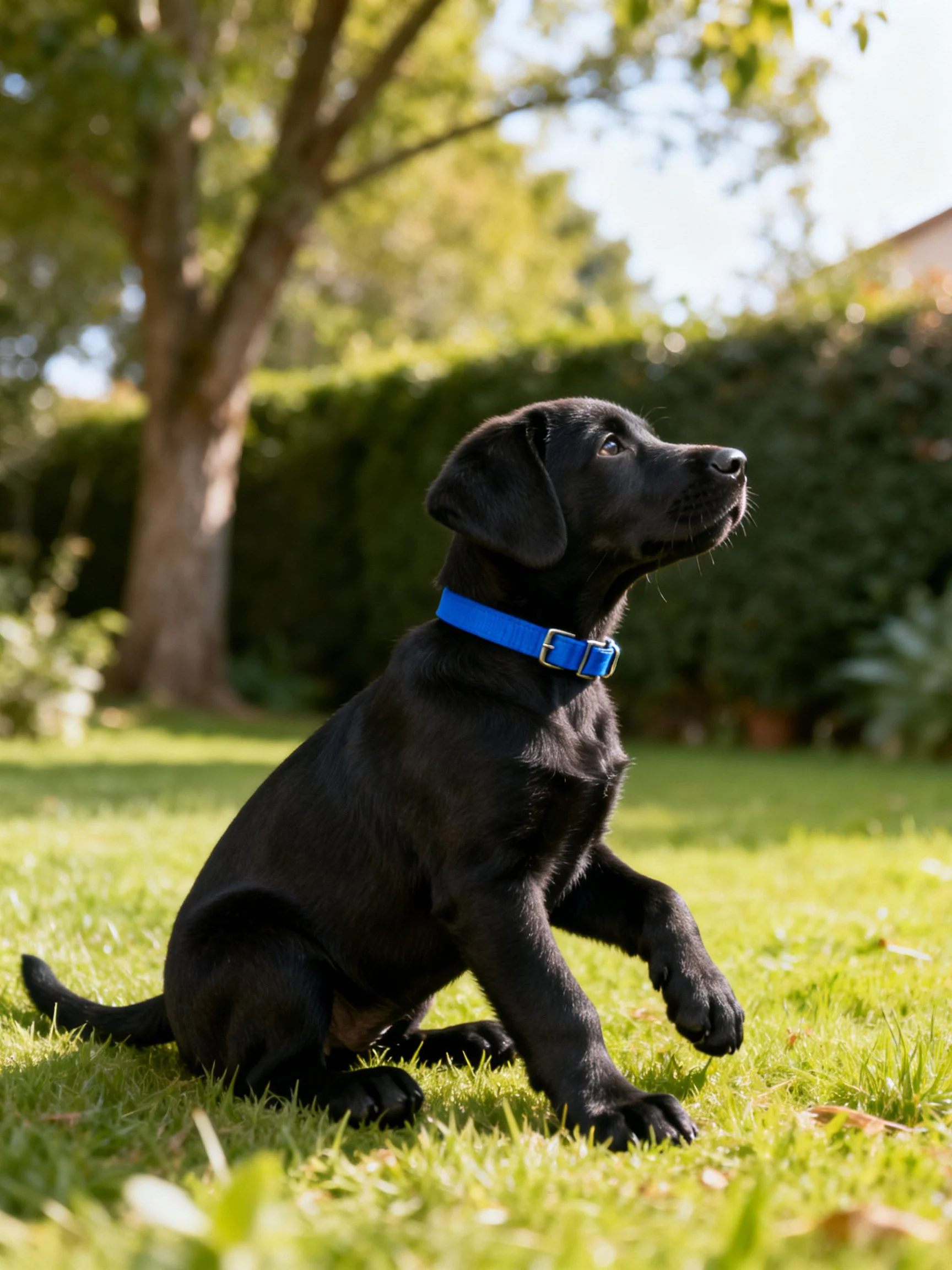 A black puppy with blue collar sitting on grass