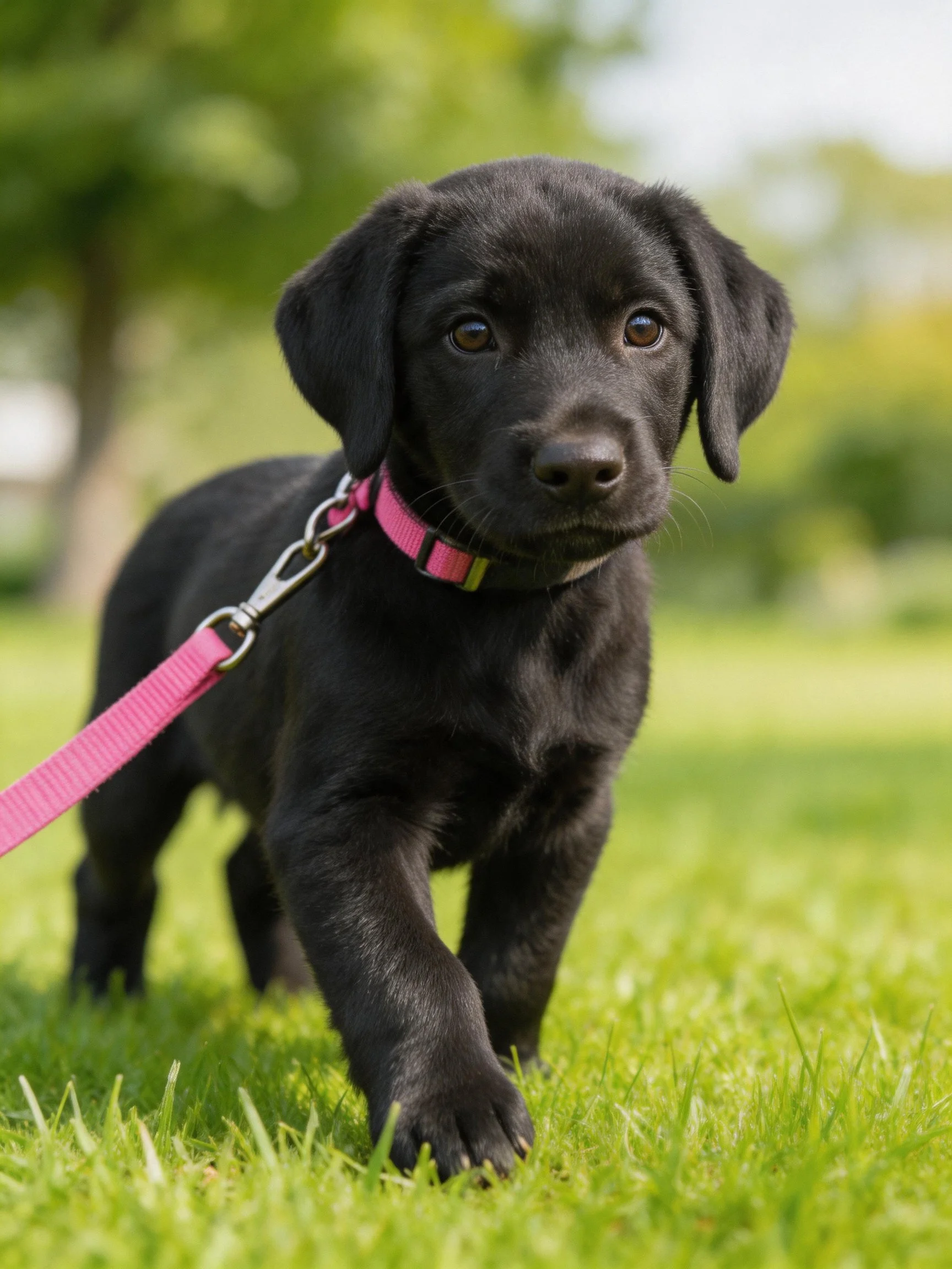 A black puppy with a pink collar explores a grassy area.