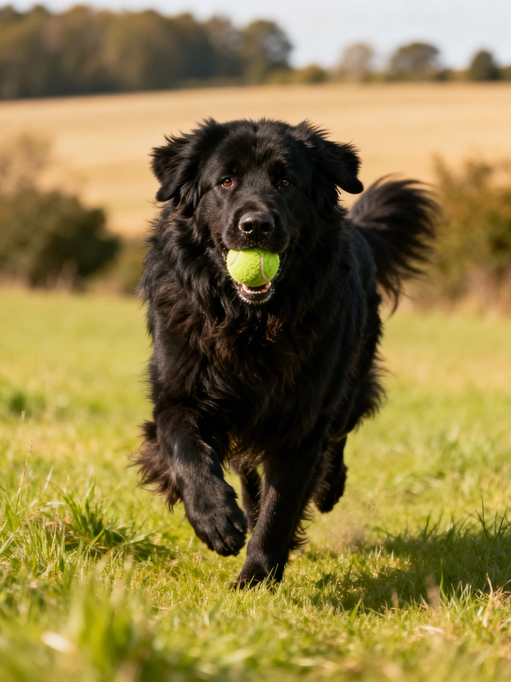 A black retriever runs through grass carrying a bright green tennis ball