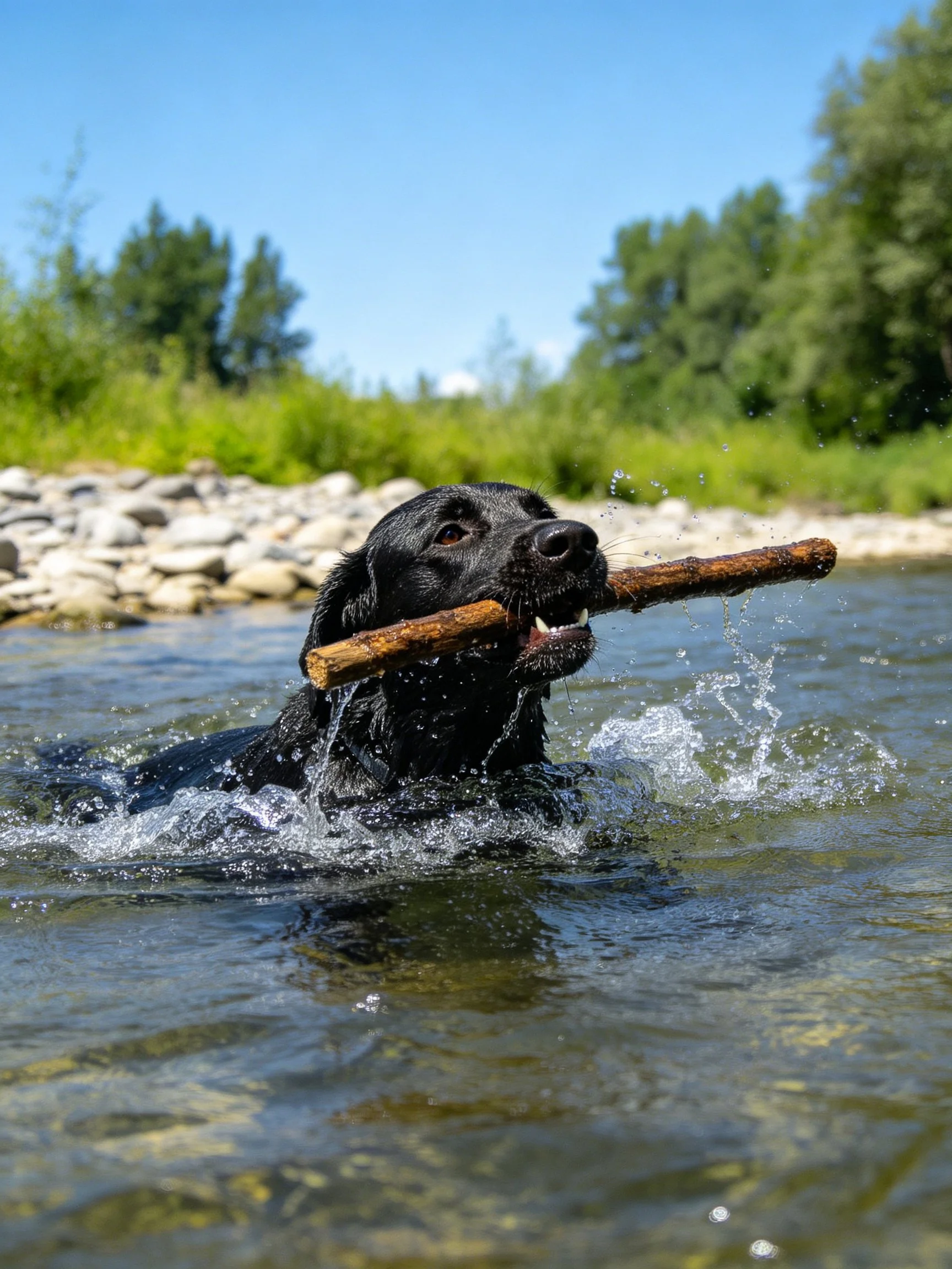 A black retriever swims in a stream while carrying a large stick.