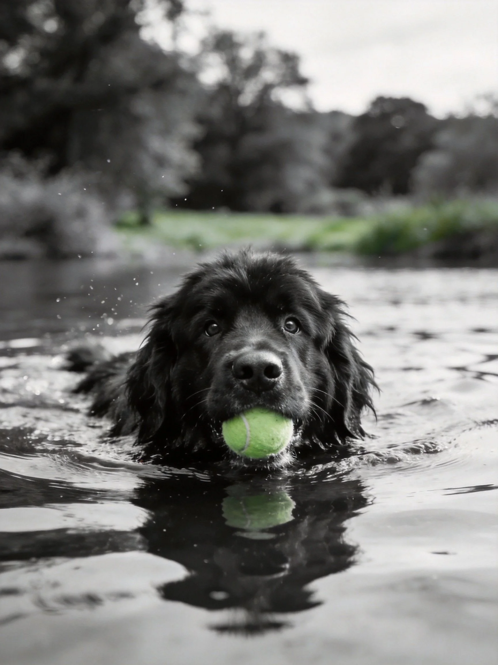 A black retriever swims in water with a green tennis ball