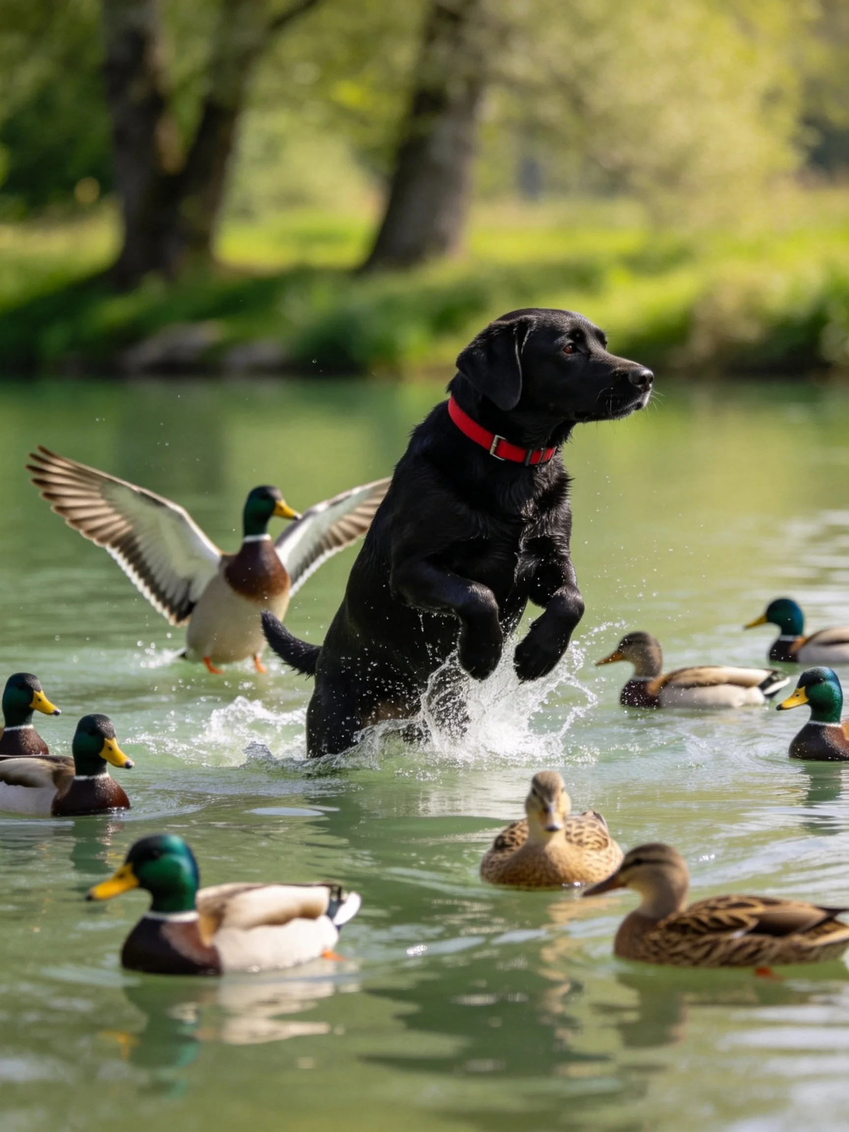 A black retriever with a red collar leaps toward ducks in a pond