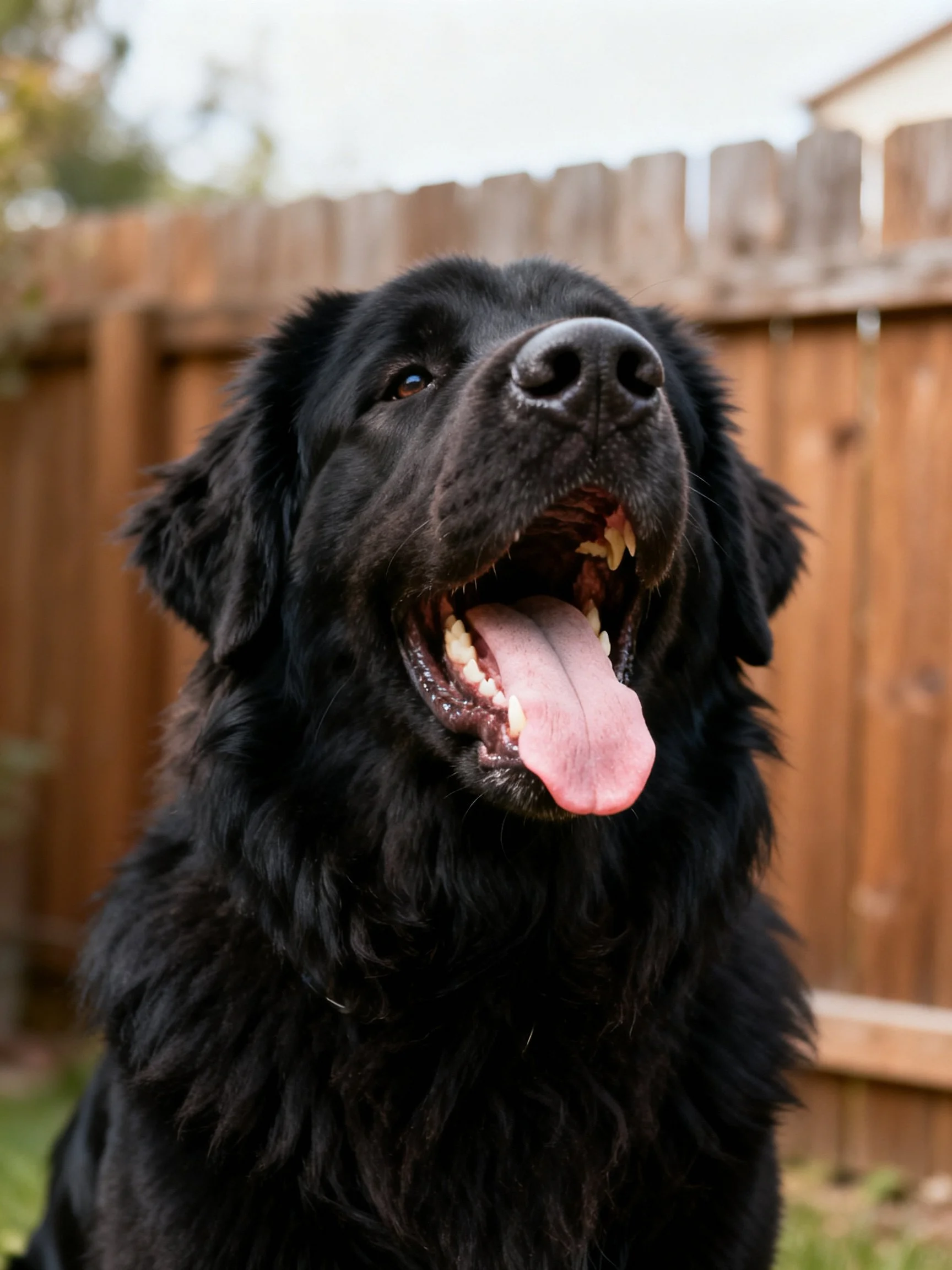 A black retriever with long fur near a wooden fence