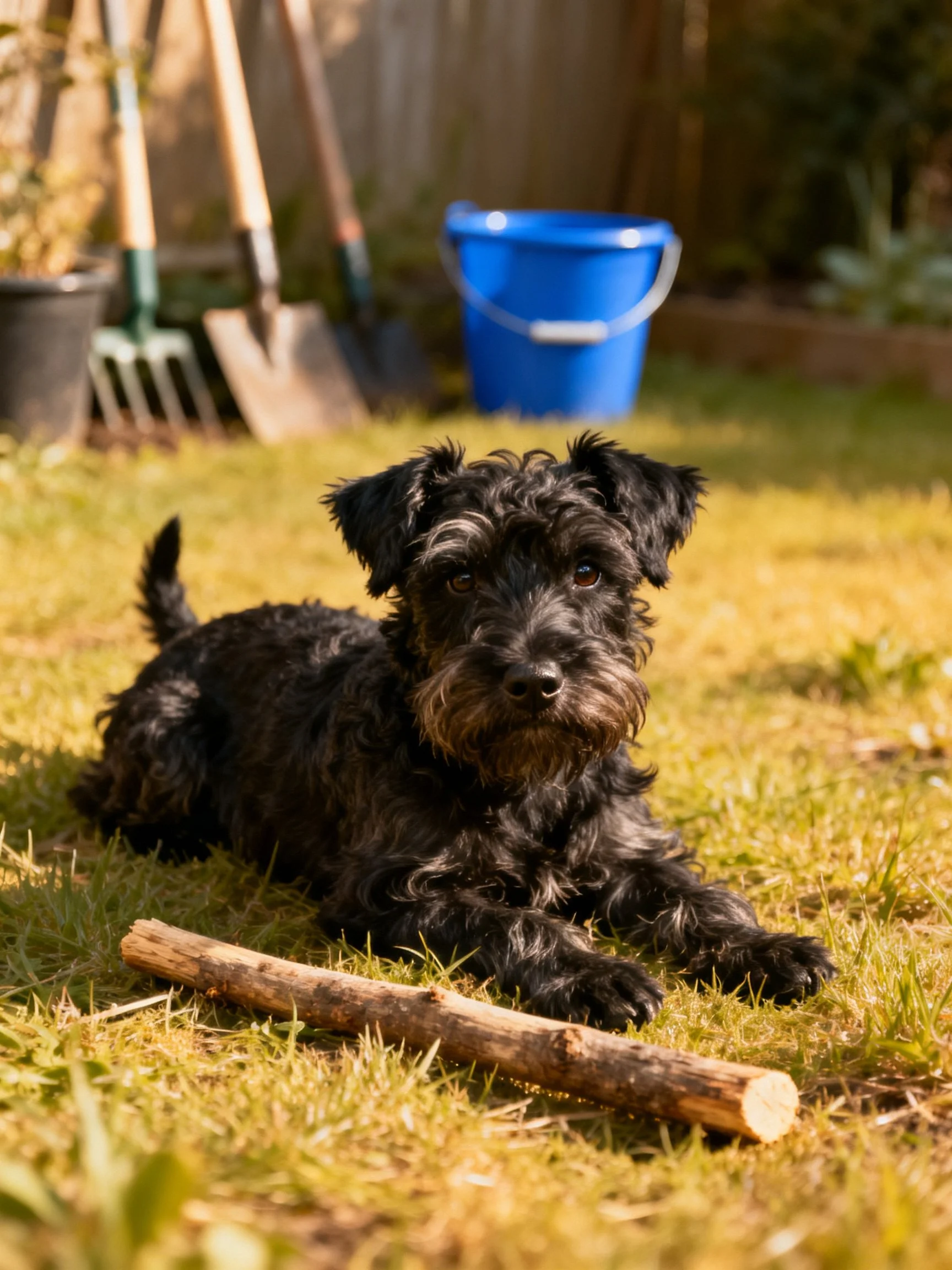 A black shaggy dog lies on grass beside a wooden stick, with gardening tools and a blue bucket behind