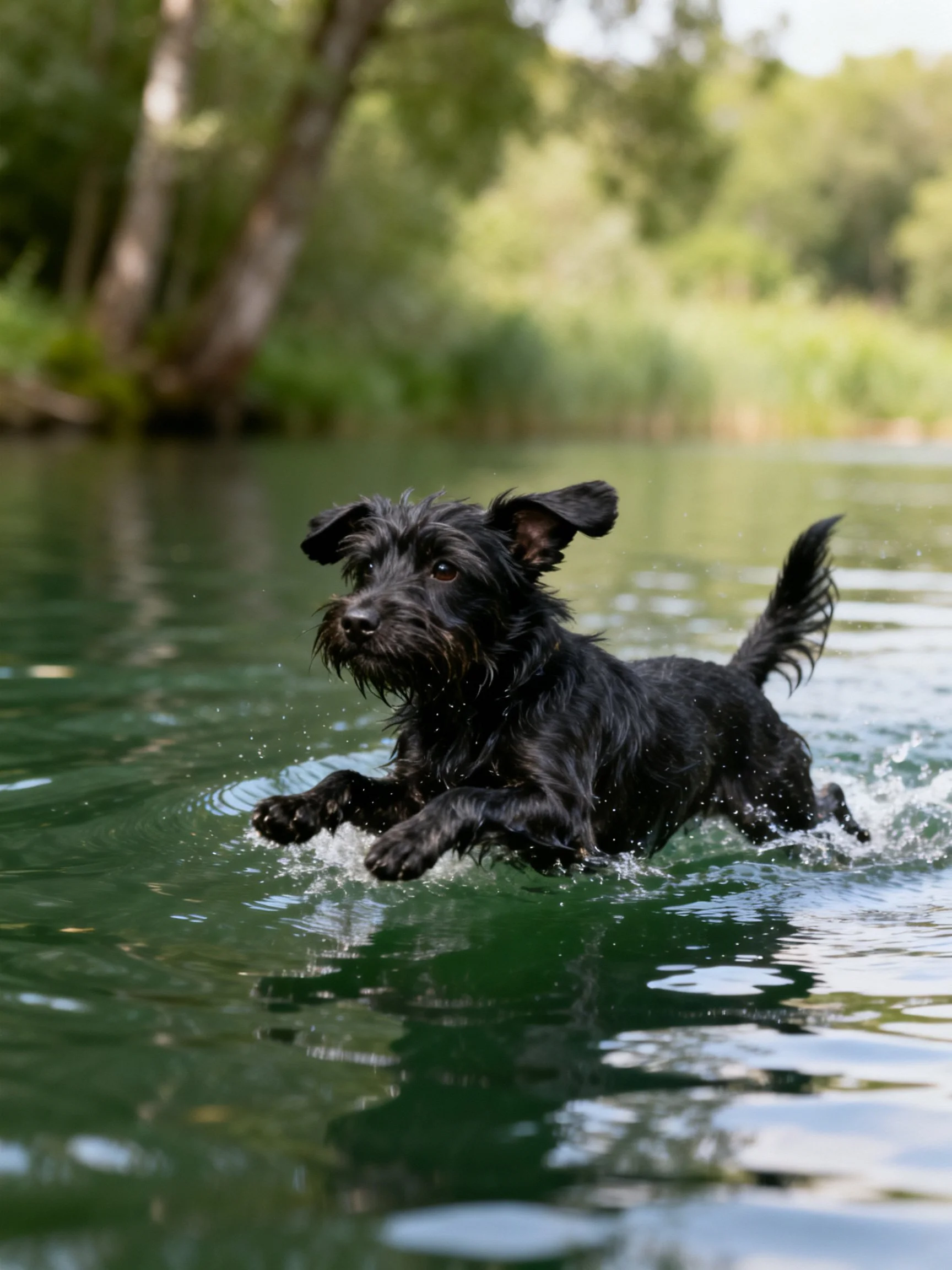A black dog energetically swims in a calm body of water near trees