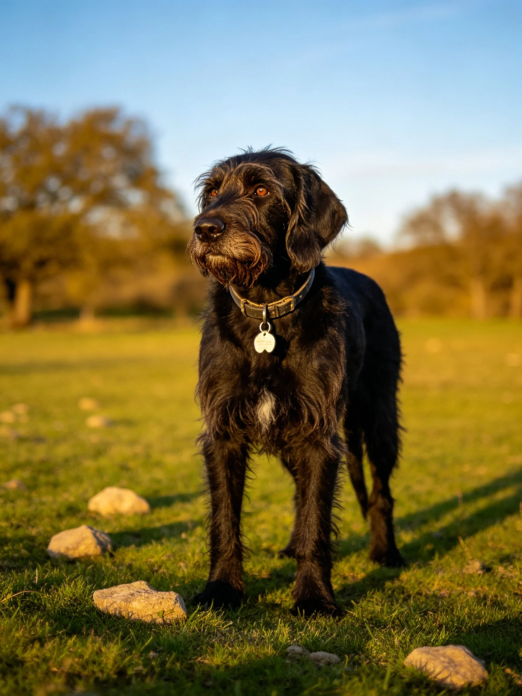 A black dog stands alertly on a grassy field near rocks.