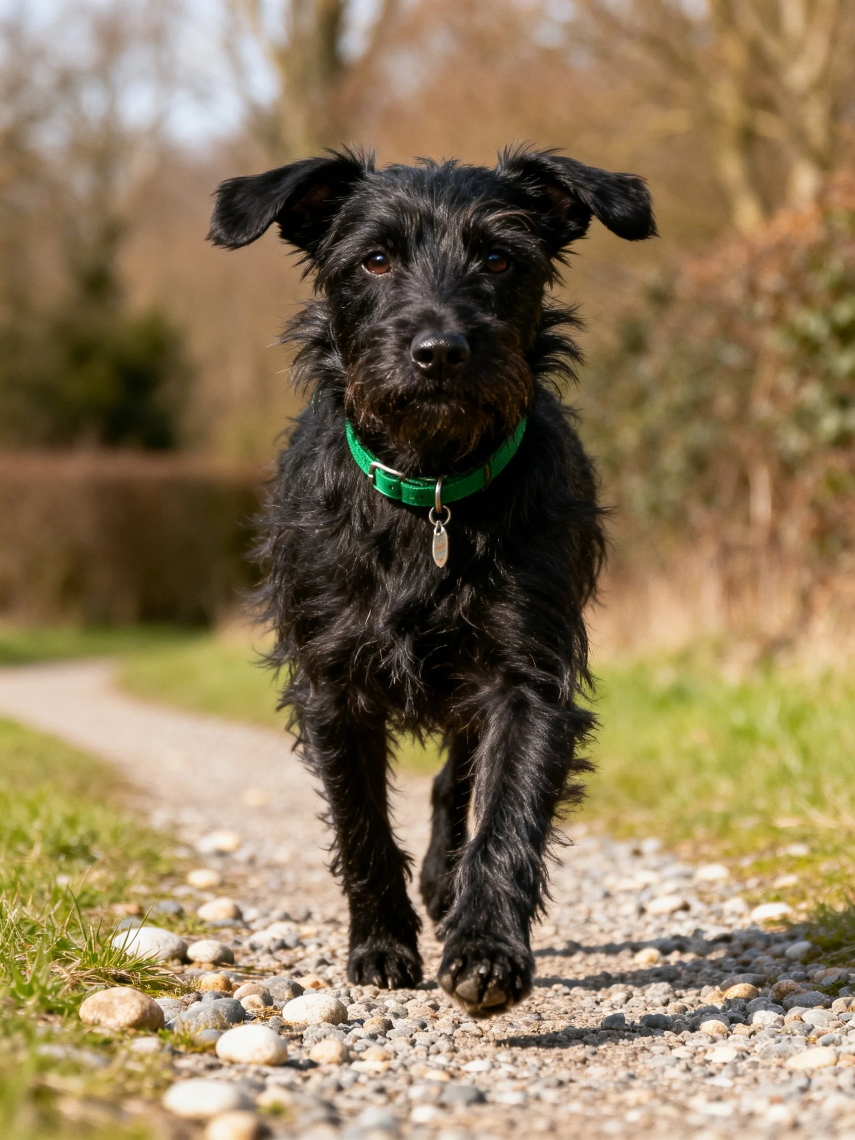 A black shaggy dog with a green collar runs toward the camera on a gravel path.