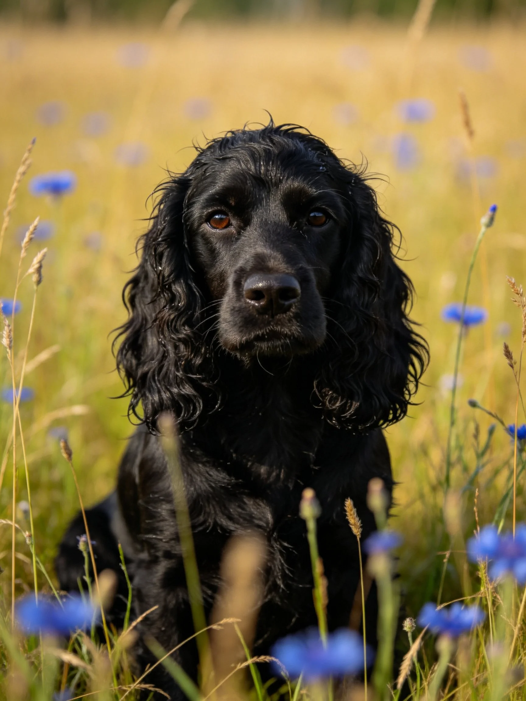 A black spaniel sits amid golden meadow and blue wildflowers