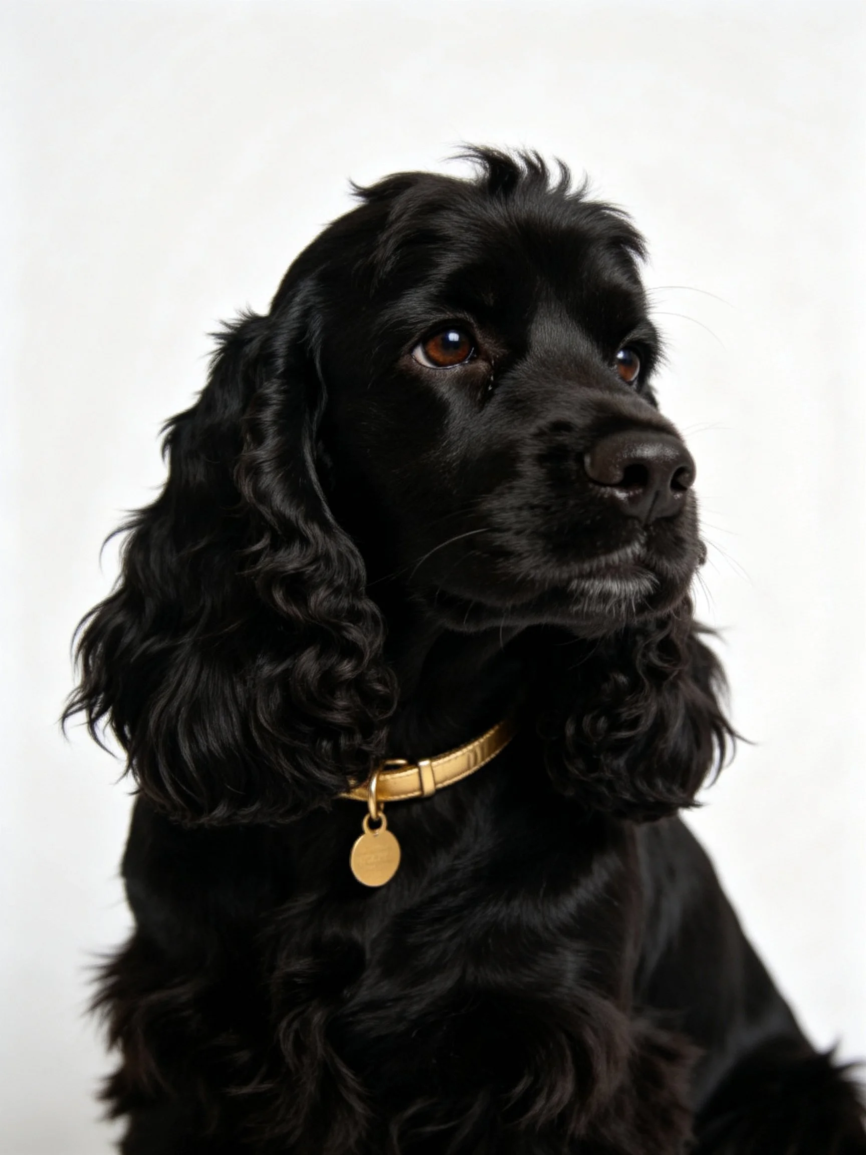 A black spaniel with curly fur wearing a golden collar
