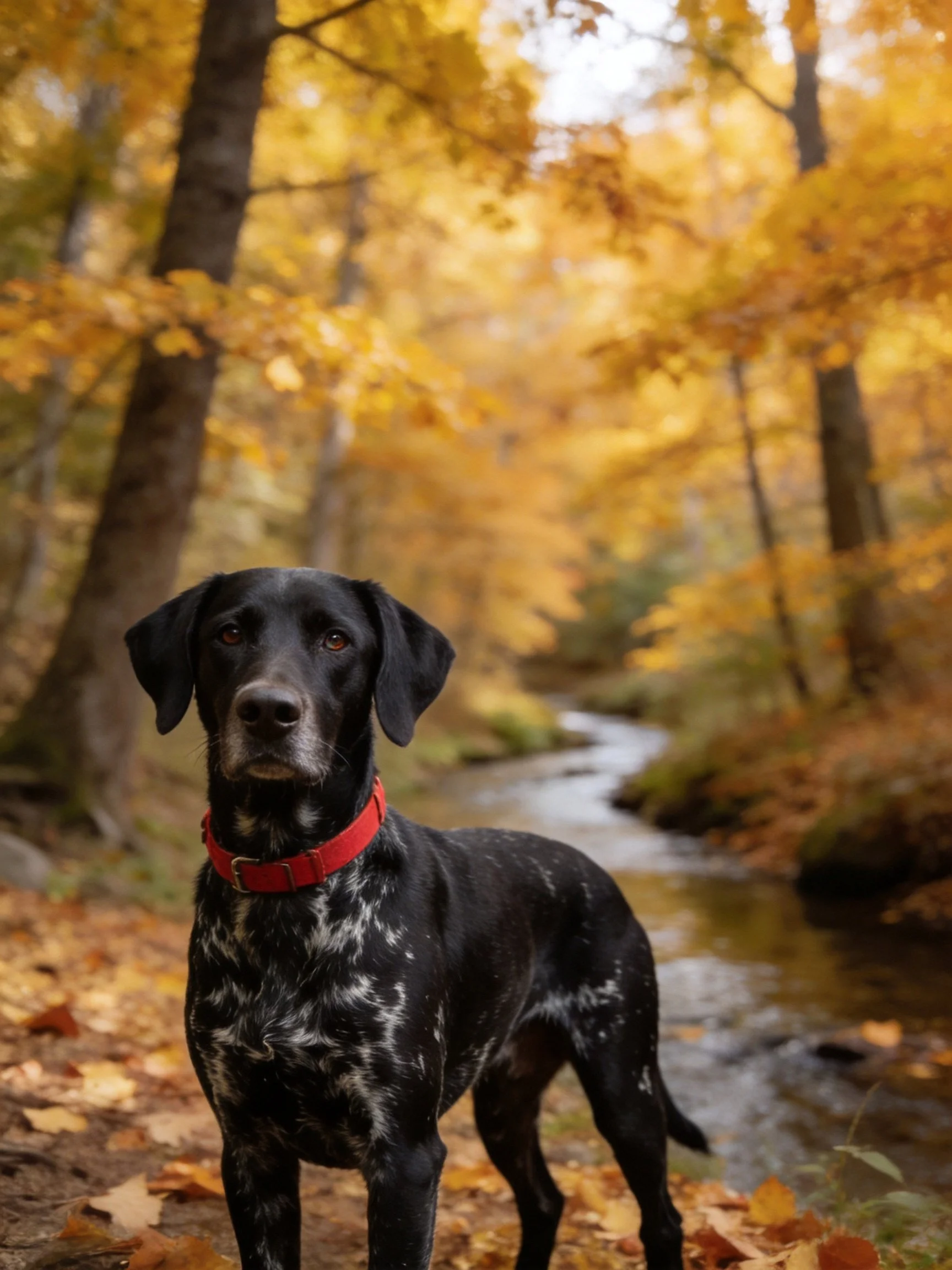 A black speckled dog with a red collar in an autumn forest