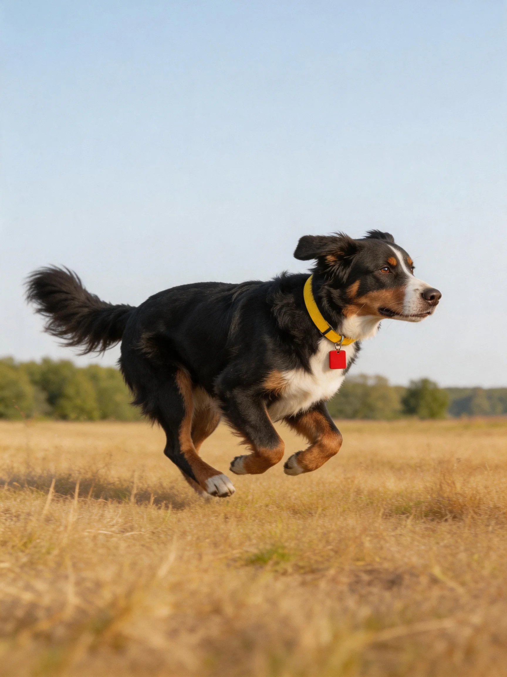 A black, tan, and white dog dashes through golden grasslands