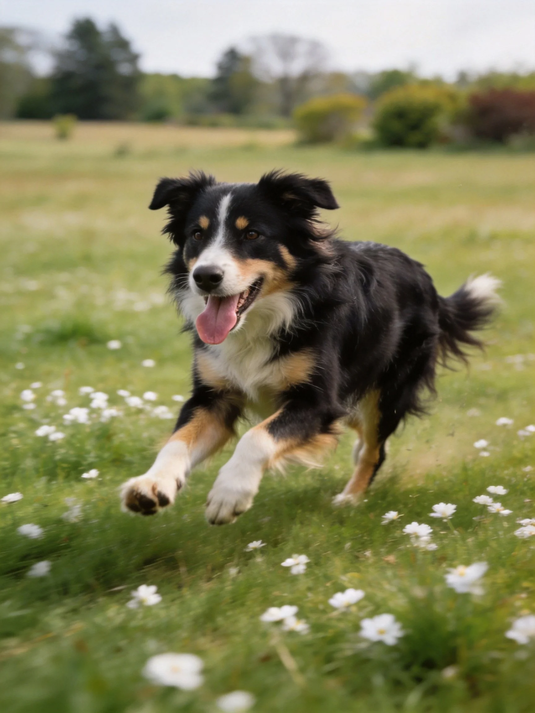 A tricolor dog joyfully runs through a flowered meadow