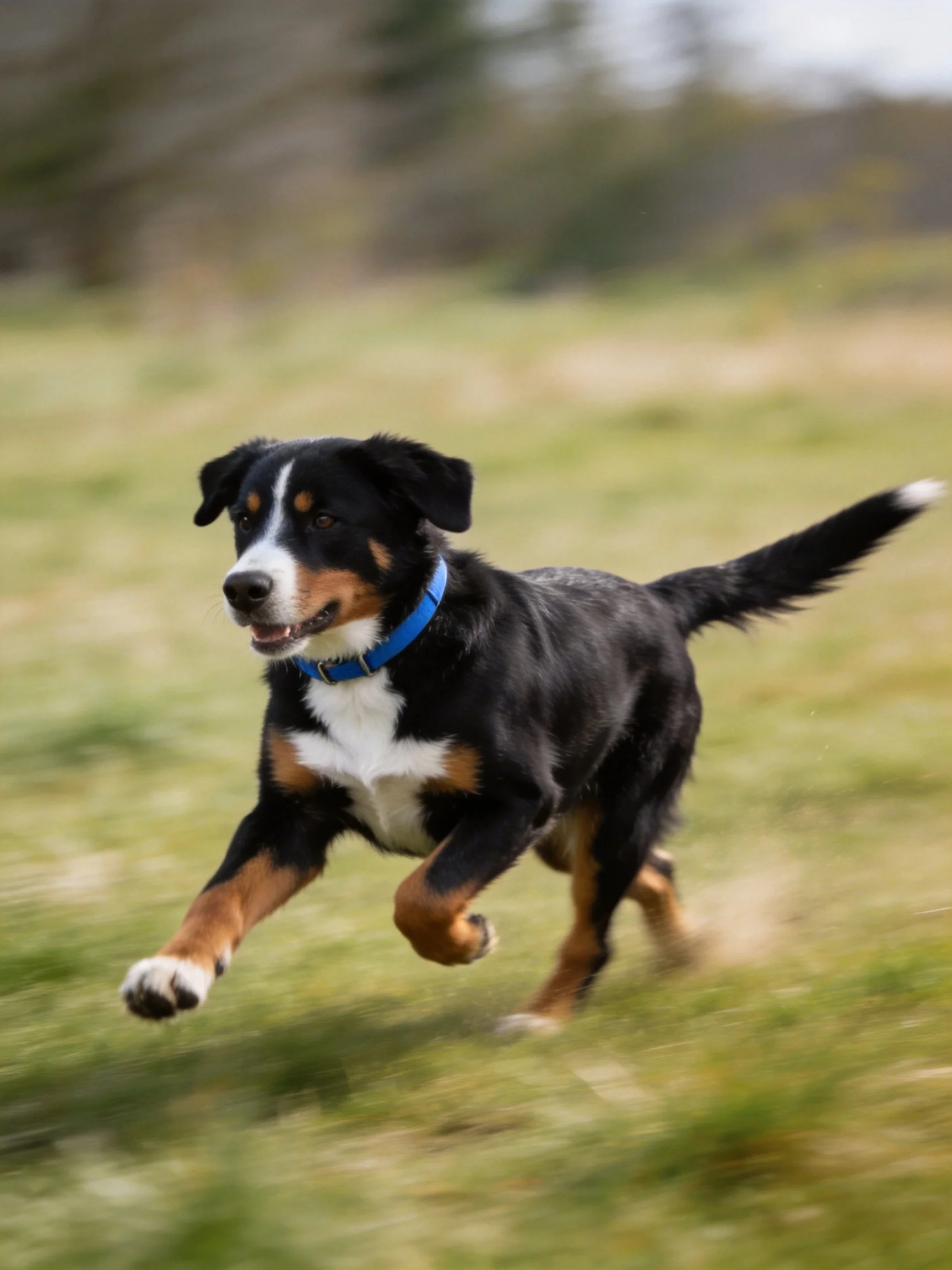 A multicolored dog wearing a blue collar dashes through a grassy area.