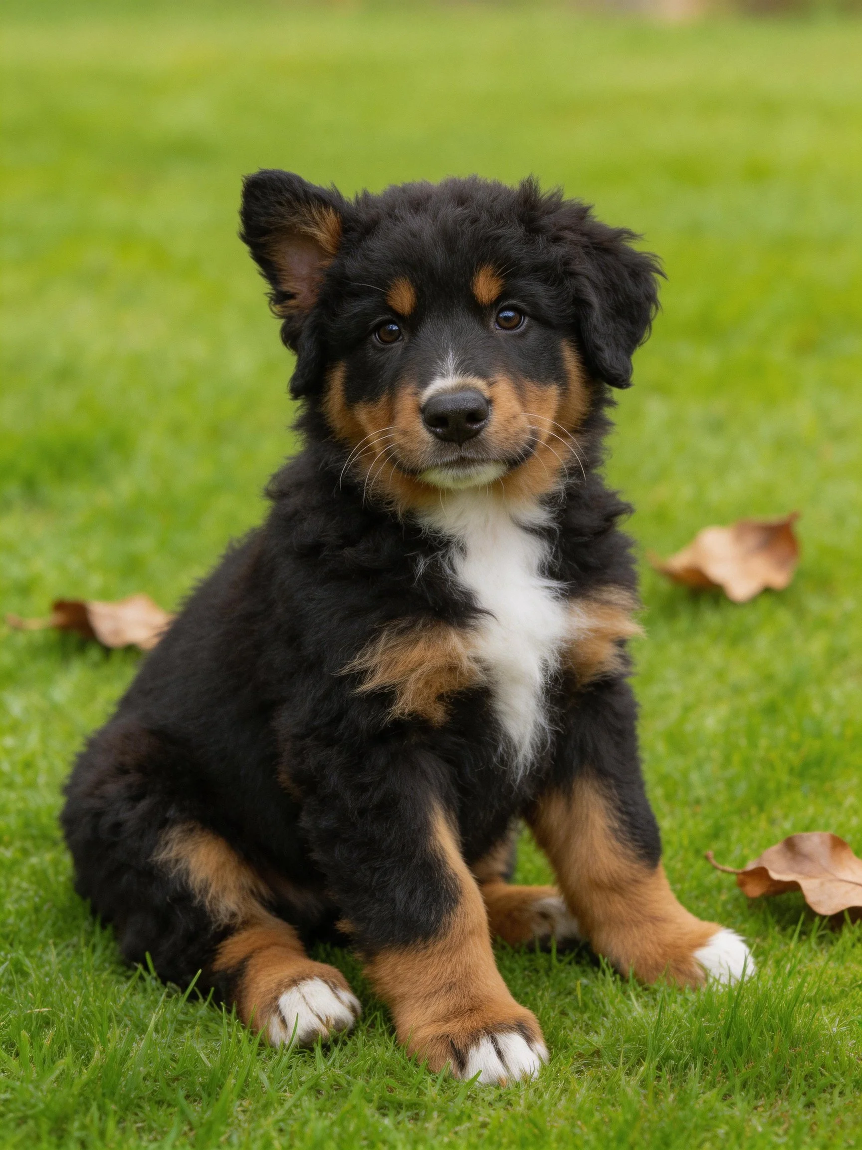 A black, tan, and white puppy sits on green grass near leaves