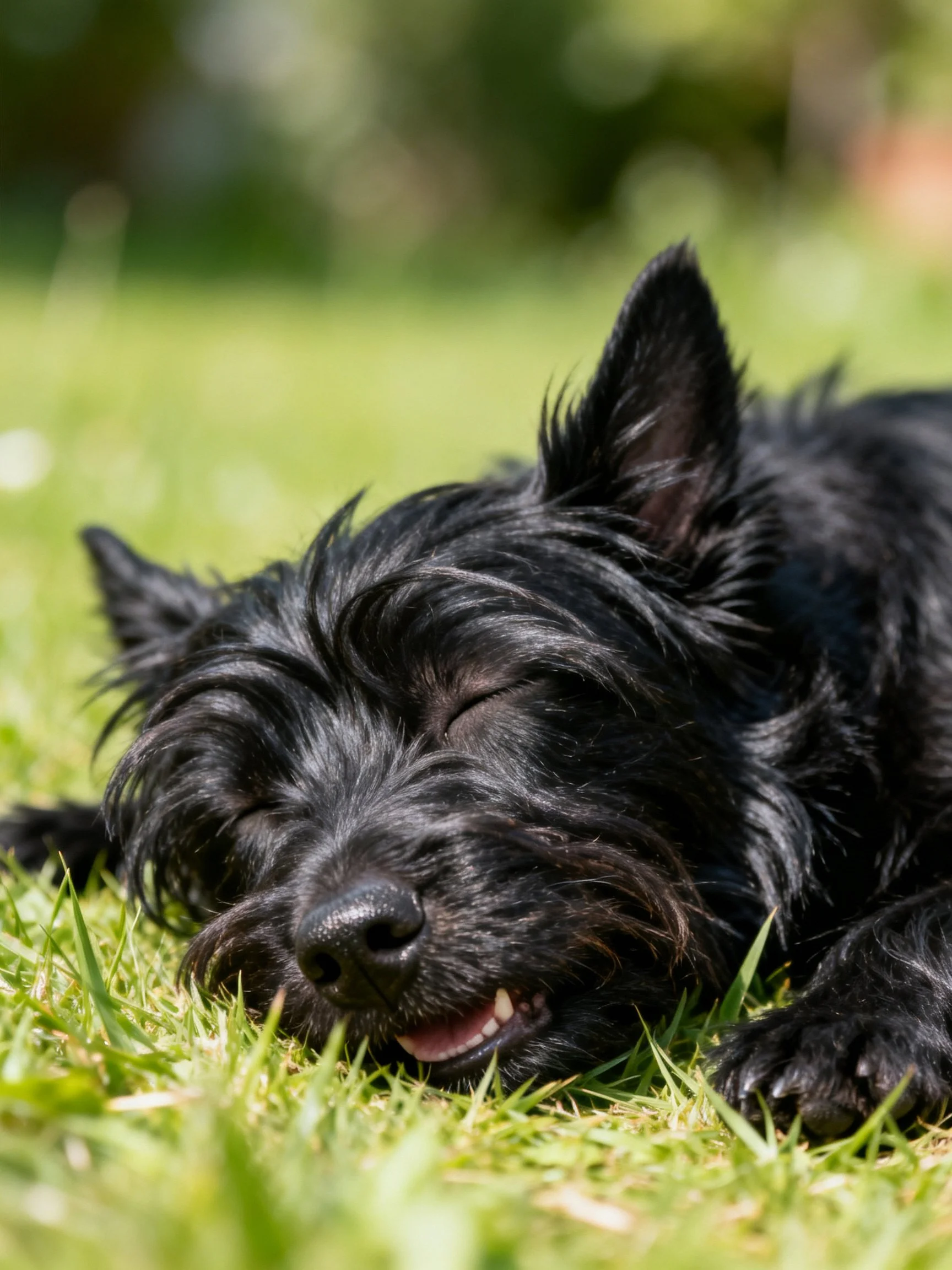 A black terrier relaxes on lush green grass