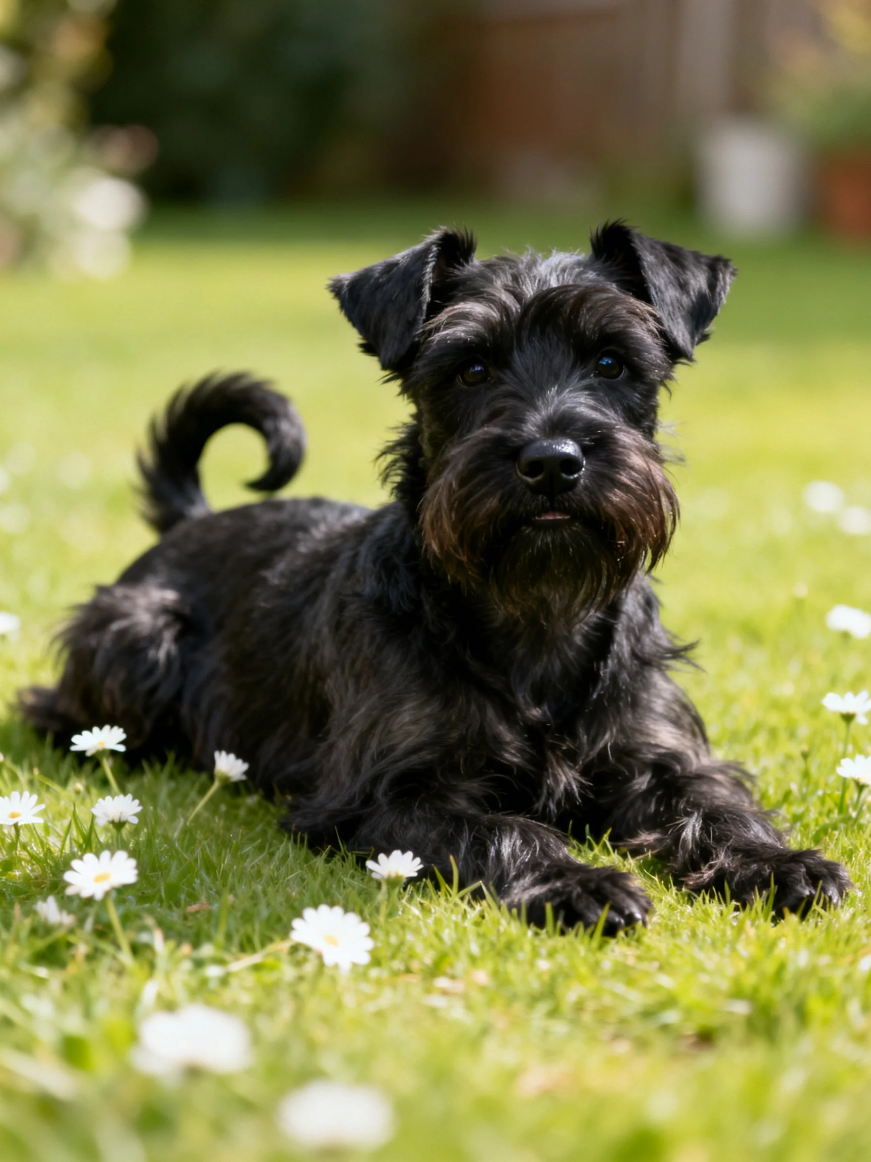 A black terrier rests on a grassy area dotted with white flowers