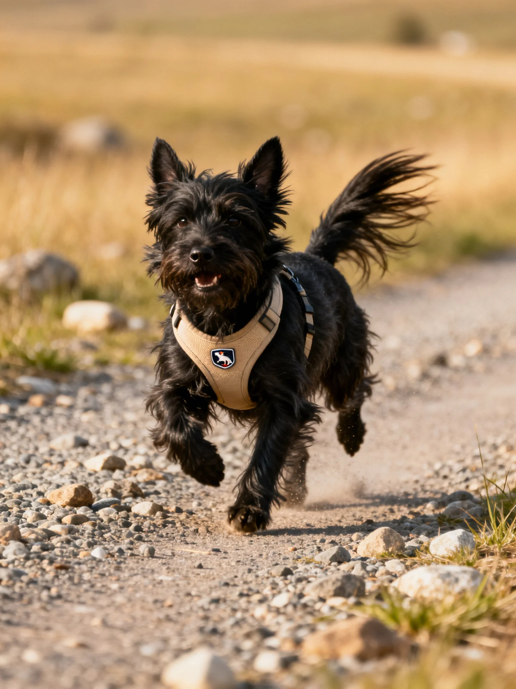 A black terrier dashes along a rocky outdoor path.