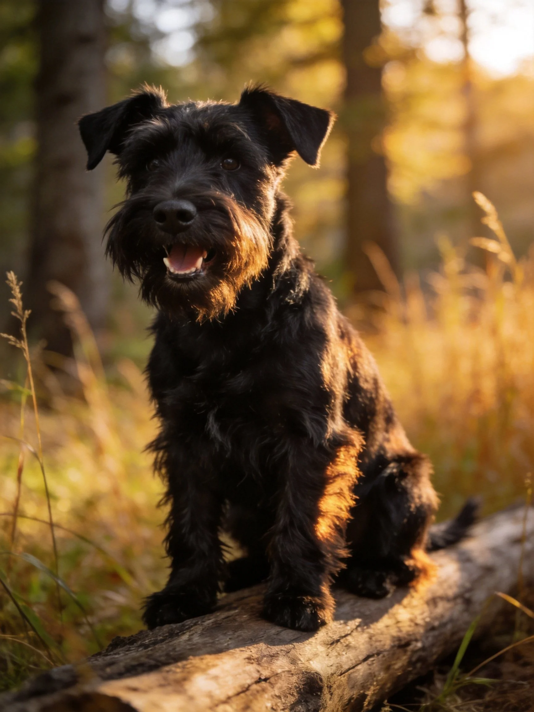 A black terrier sits on a log amidst golden forest light