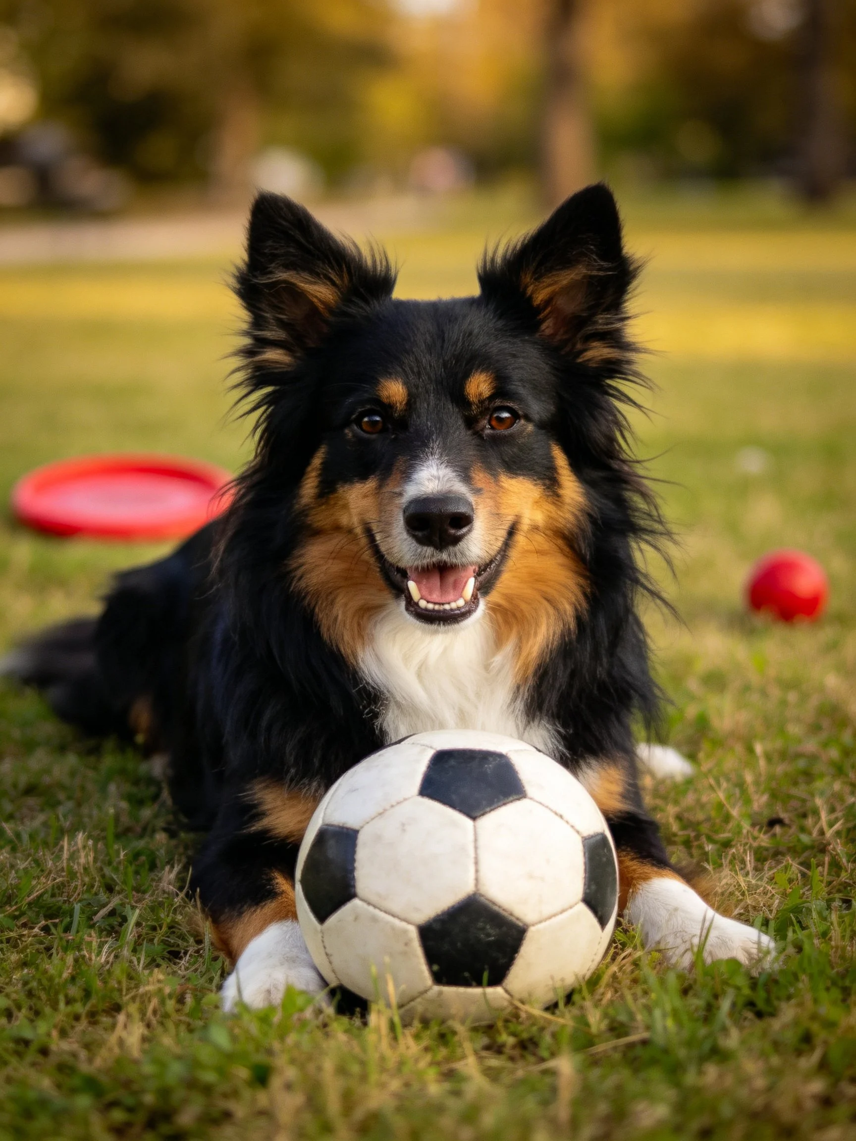 A black-tri-colored dog relaxes with toys and a soccer ball in a sunny outdoor space.