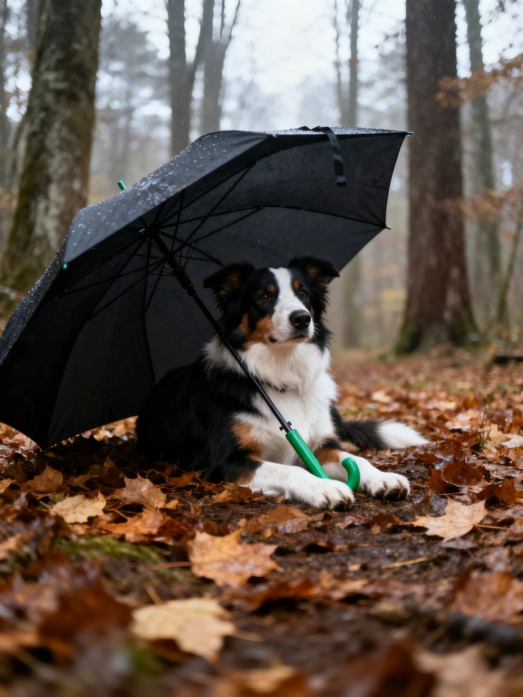 A black umbrella shields a tricolor dog amid fallen autumn leaves