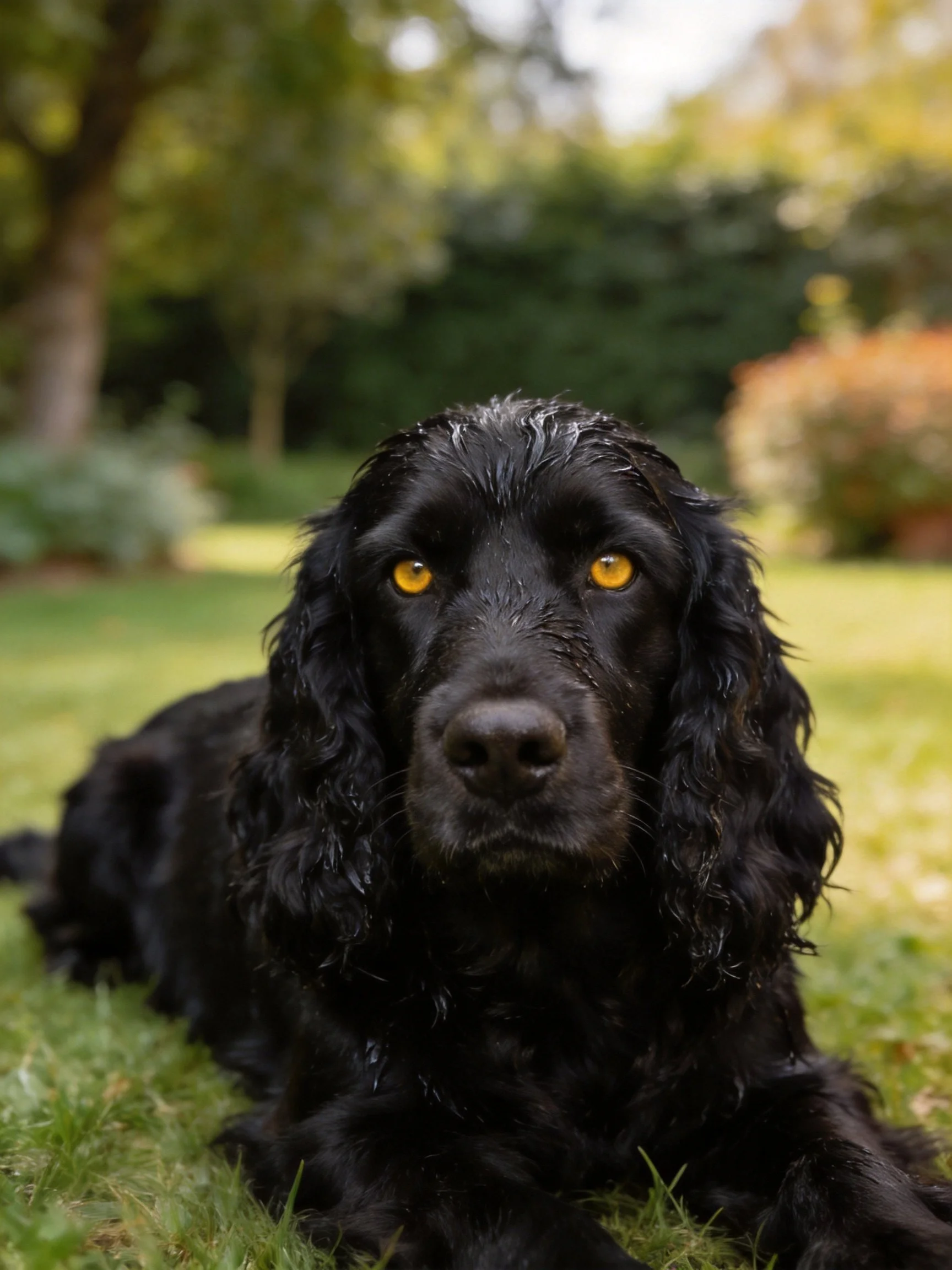 A black, wet-furred dog lies on grass in a garden
