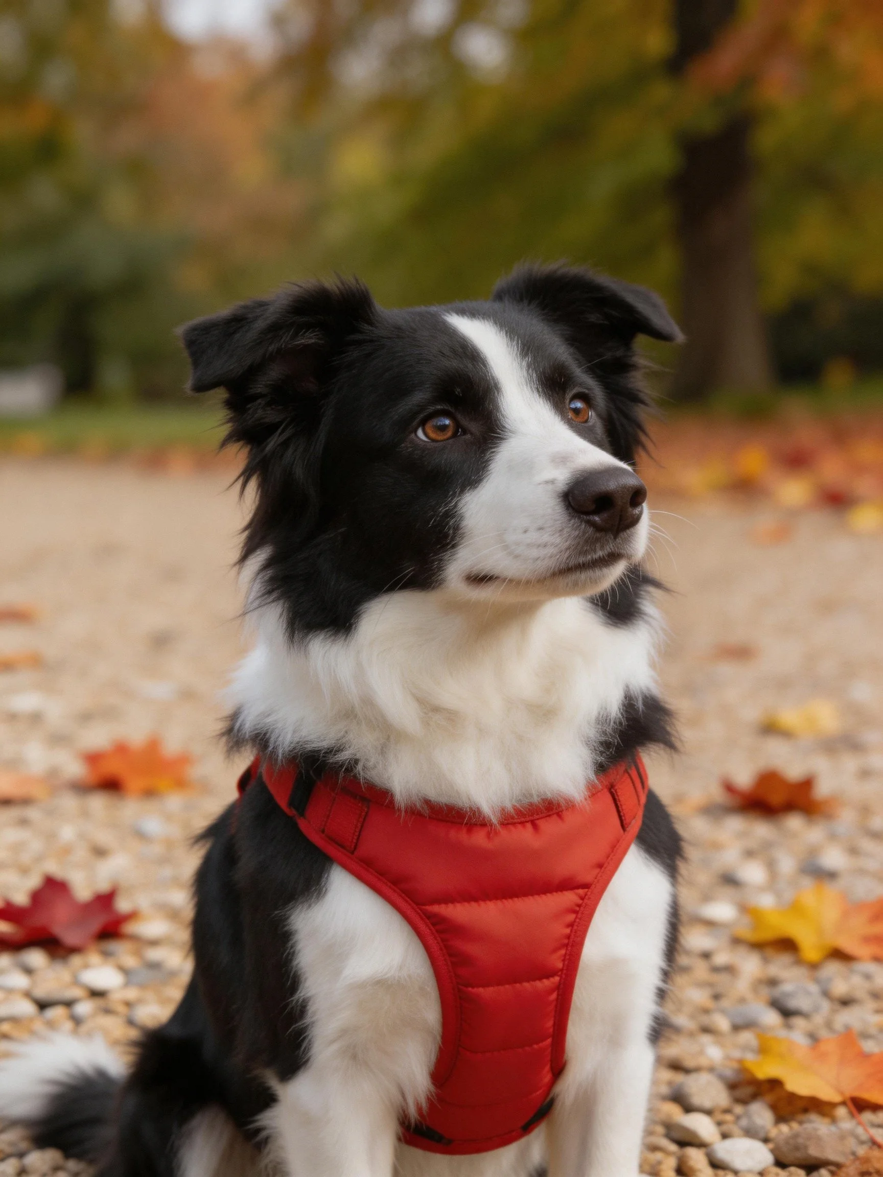 A black - white Border Collie sits calmly among autumn leaves outdoors