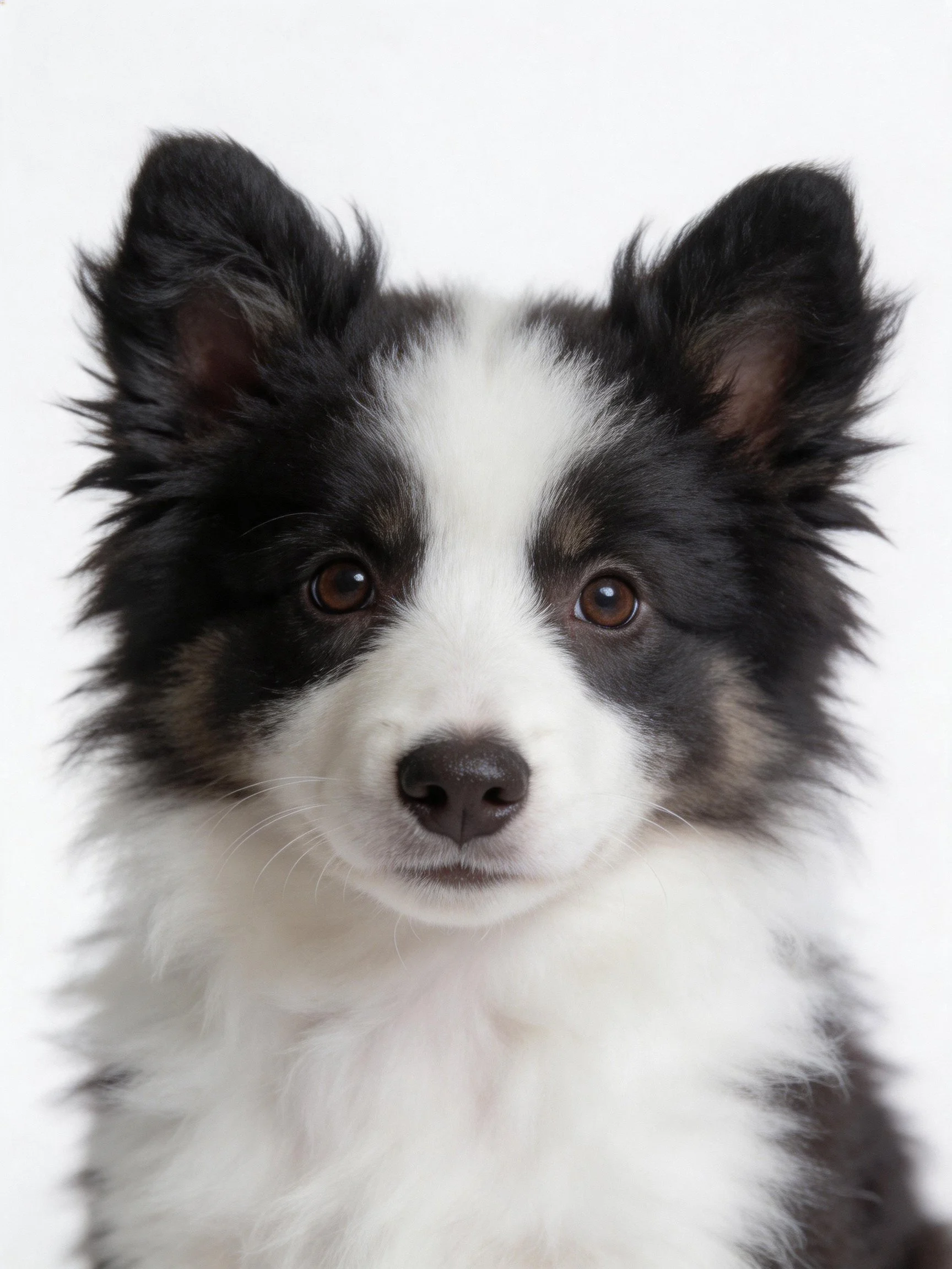 A black, white, and brown puppy with upright ears and fluffy fur