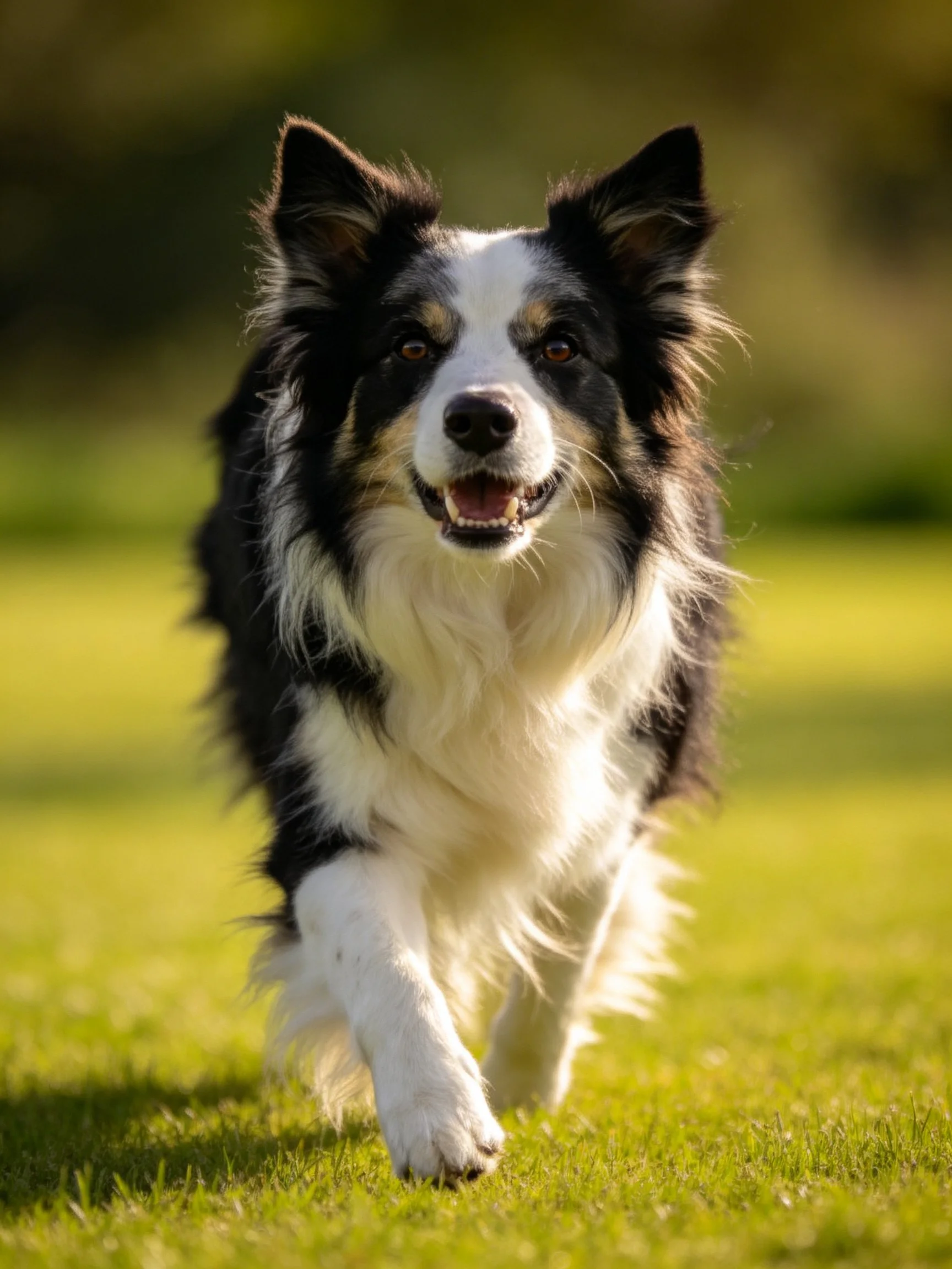 A black, white, and tan Border Collie running on sunlit green grass