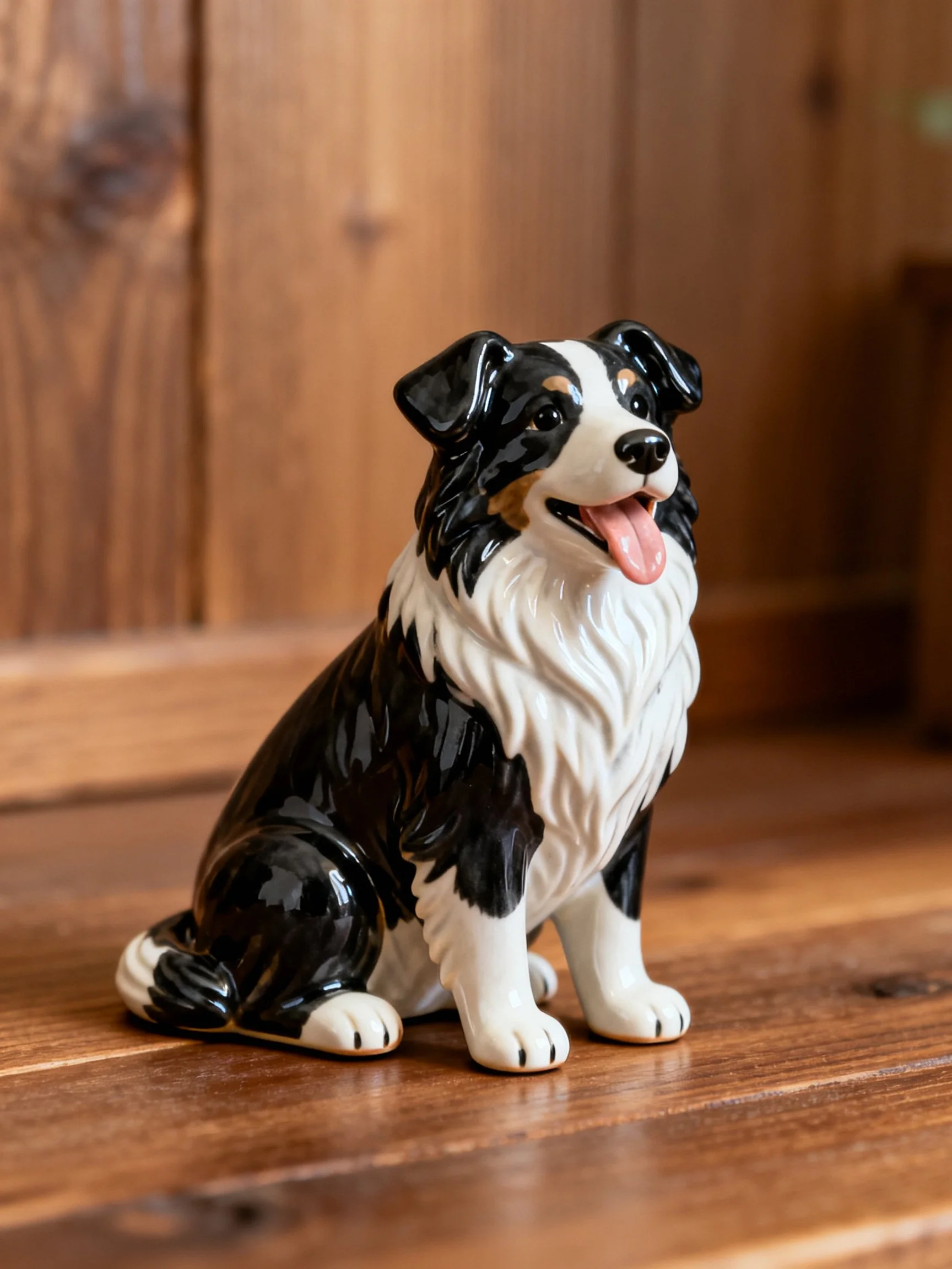 A black, white, and tan ceramic dog figurine seated on wooden planks