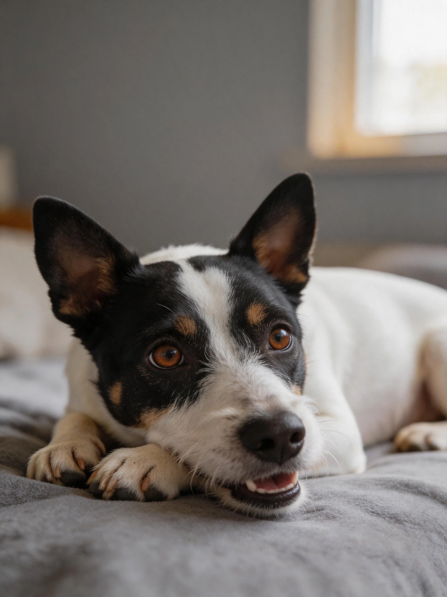 A multicolored dog relaxes on a gray surface indoors