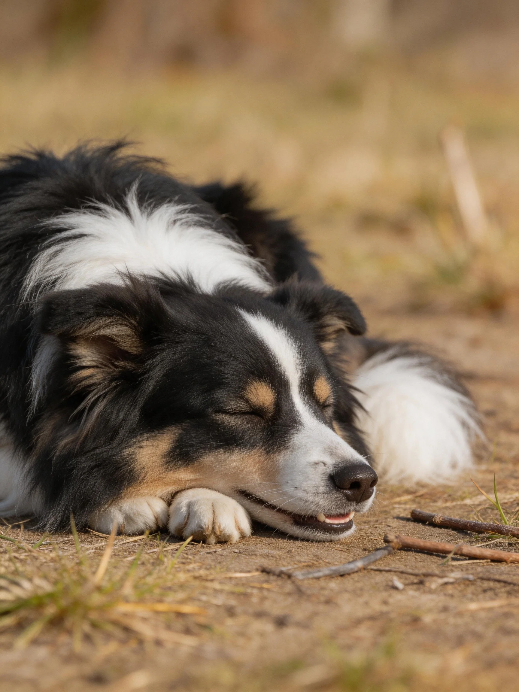 A black, white, and tan dog resting on dirt ground