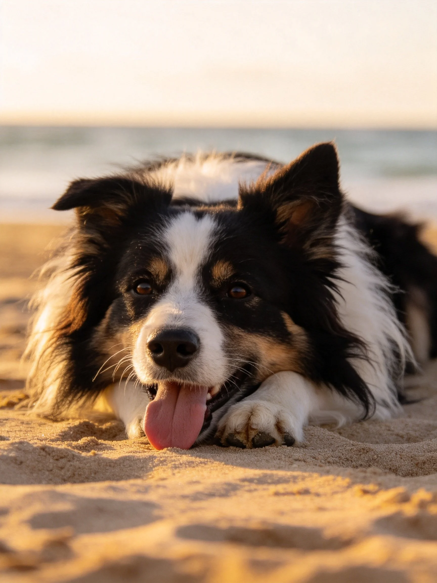 A tricolor dog relaxes on sandy beach by the ocean