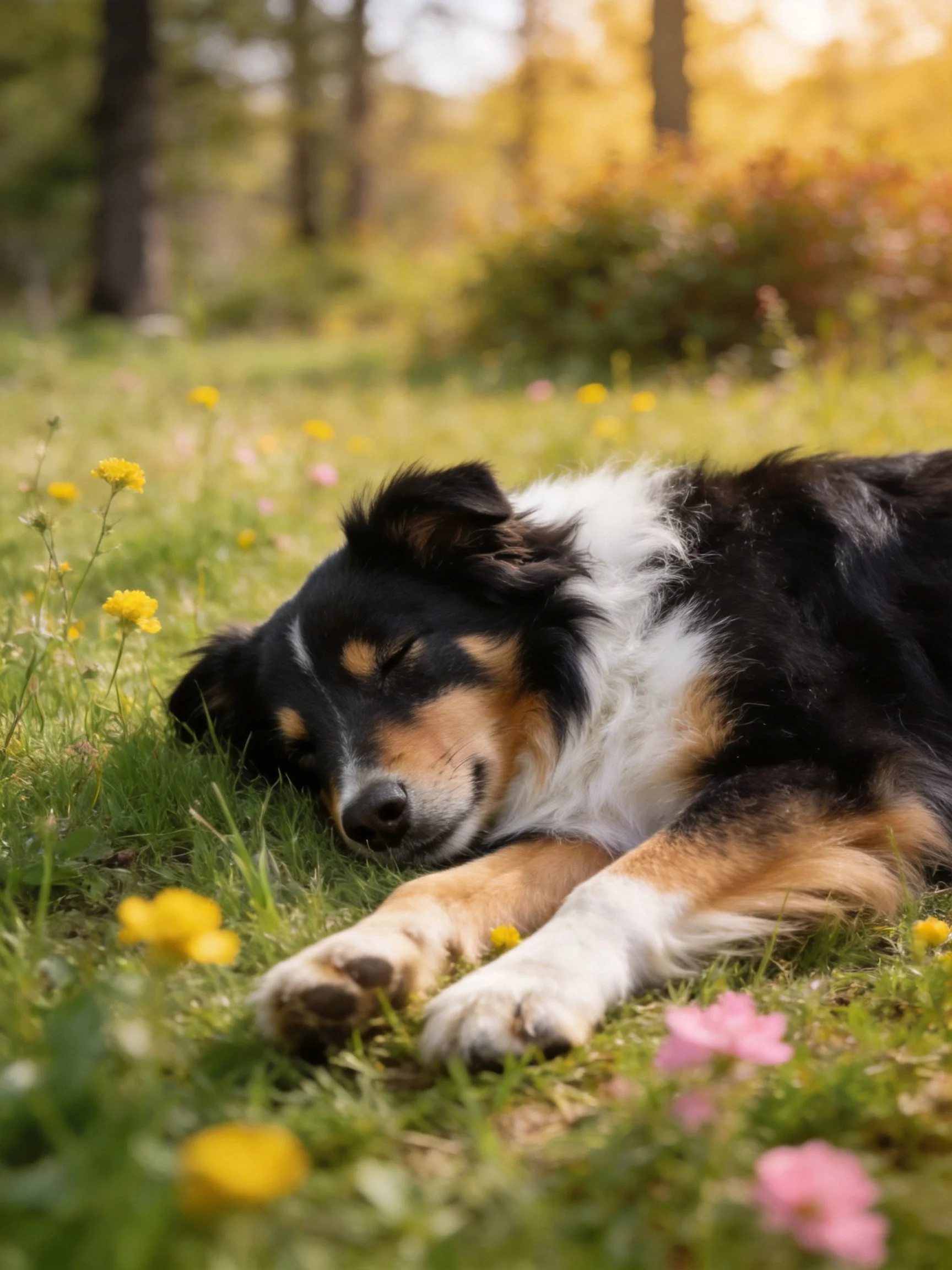 A dog rests peacefully on grass surrounded by colorful wildflowers.
