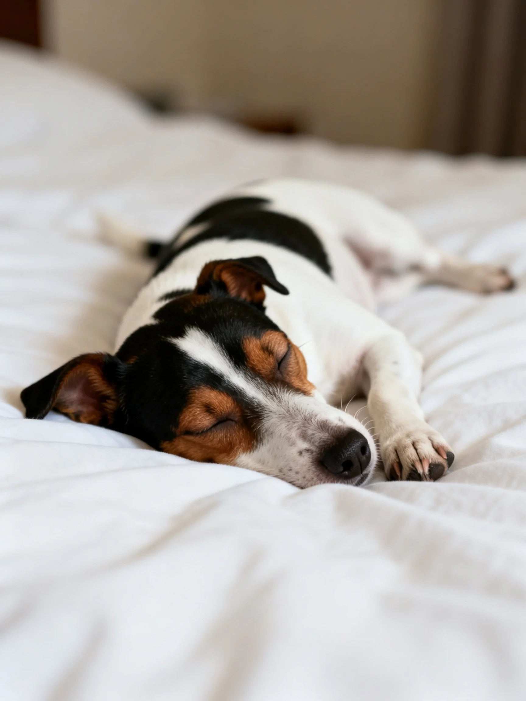 A small dog with black, white, and tan fur sleeps on a white bed